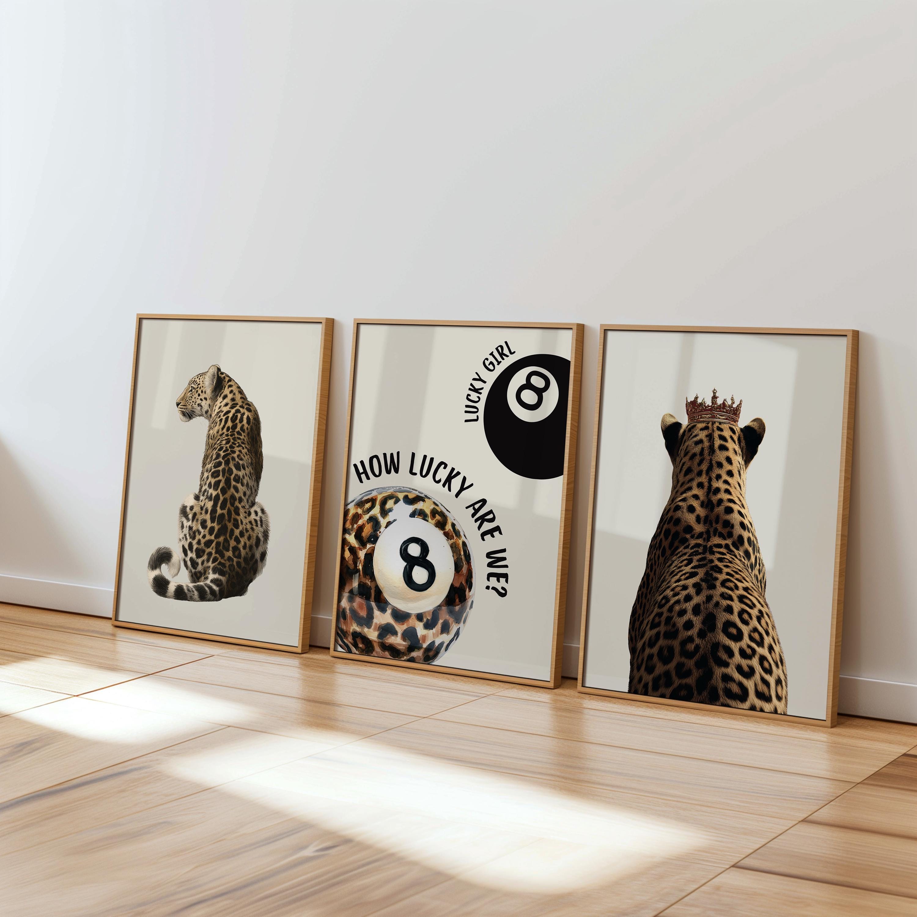Neutral Beige Leopard Gallery Wall Set of 3, Lucky Girl 8 Ball Art, Minimal Chic Animal Prints, Preppy Aesthetic Printable Decor