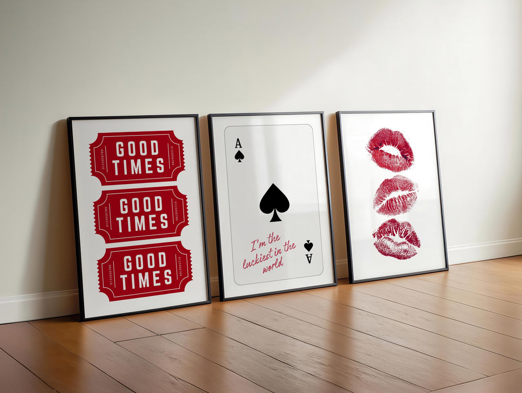 Good Times Wall Art Set, Playing Card Quote Print, Ace of Spades Poster, Red Lips Art, Modern Bar Decor, Romantic Statement Prints
