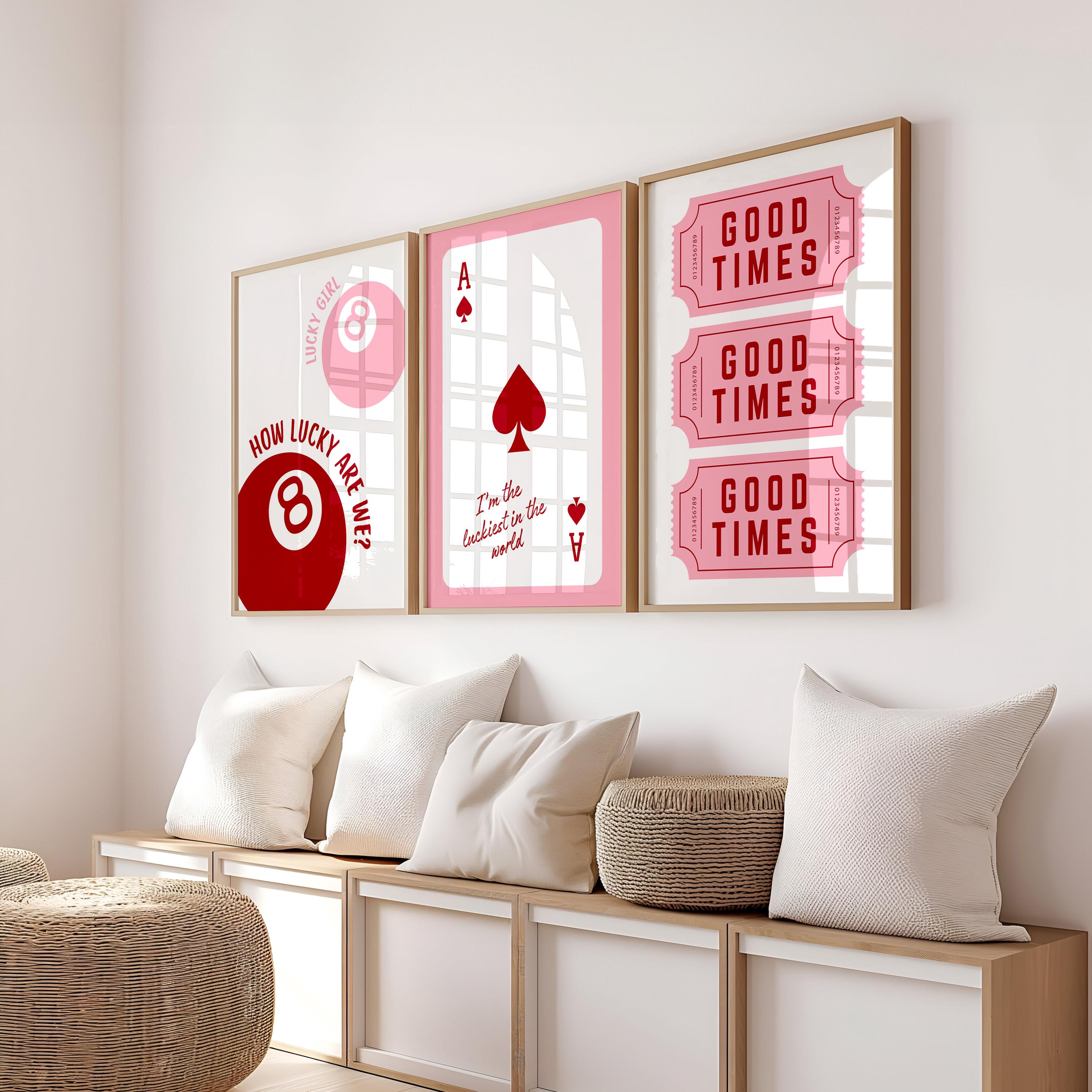 Good Times Pink Wall Art Set, Playing Card Quote Prints, Ace of Hearts Poster, How Lucky Are We Print, Romantic Bar Decor, Valentine Gift