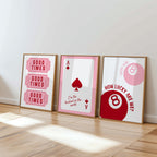 Good Times Pink Wall Art Set, Playing Card Quote Prints, Ace of Hearts Poster, How Lucky Are We Print, Romantic Bar Decor, Valentine Gift