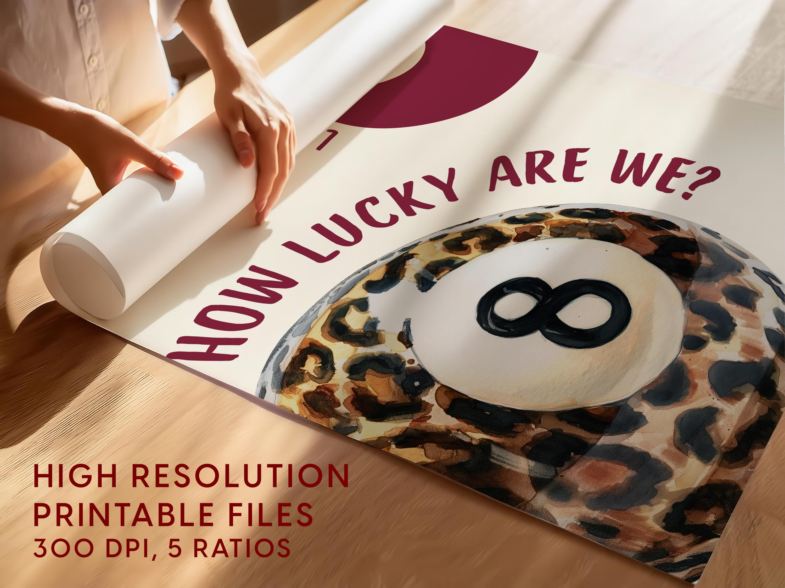 Lucky Girl 8 Ball Wall Art, Burgundy Leopard Print Poster, How Lucky Are We Quote, Bold Preppy Chic Decor, Trendy Printable Art