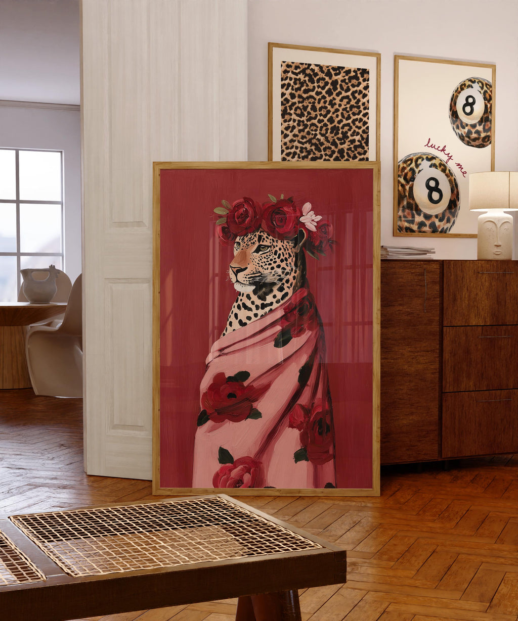 Leopard Fashion Art Print, Pink Floral Wrap Portrait, Red Rose Crown Poster, Chic Wildlife Decor, Bold Modern Animal Printable