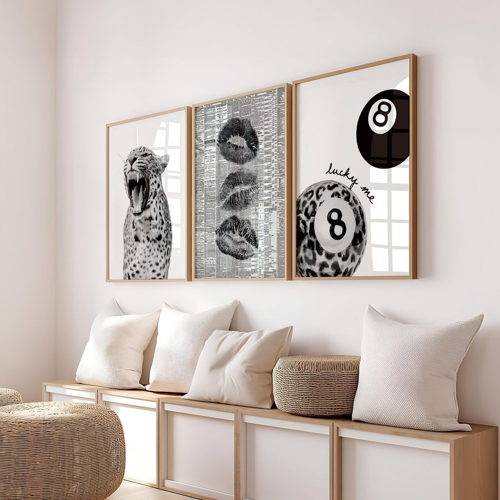 Black and White Leopard Gallery Wall Set of 3, Lucky Girl 8 Ball Art, Fashion Editorial Decor, Bold Monochrome Prints, Modern Printable Art