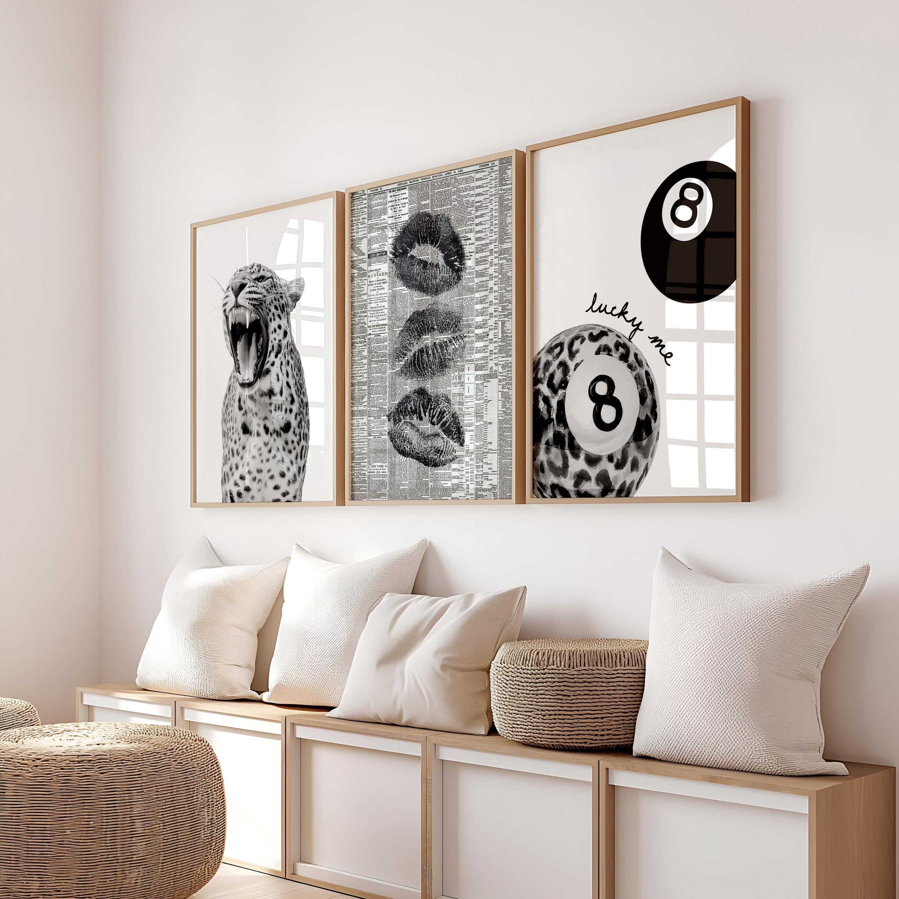 Black and White Leopard Gallery Wall Set of 3, Lucky Girl 8 Ball Art, Fashion Editorial Decor, Bold Monochrome Prints, Modern Printable Art