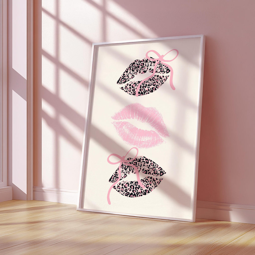 Pink Coquette Lips Wall Art, Leopard Print Kiss Poster, Girly Aesthetic Decor, Feminine Fashion Art, Trendy Printable Wall Art