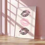 Pink Coquette Lips Wall Art, Leopard Print Kiss Poster, Girly Aesthetic Decor, Feminine Fashion Art, Trendy Printable Wall Art