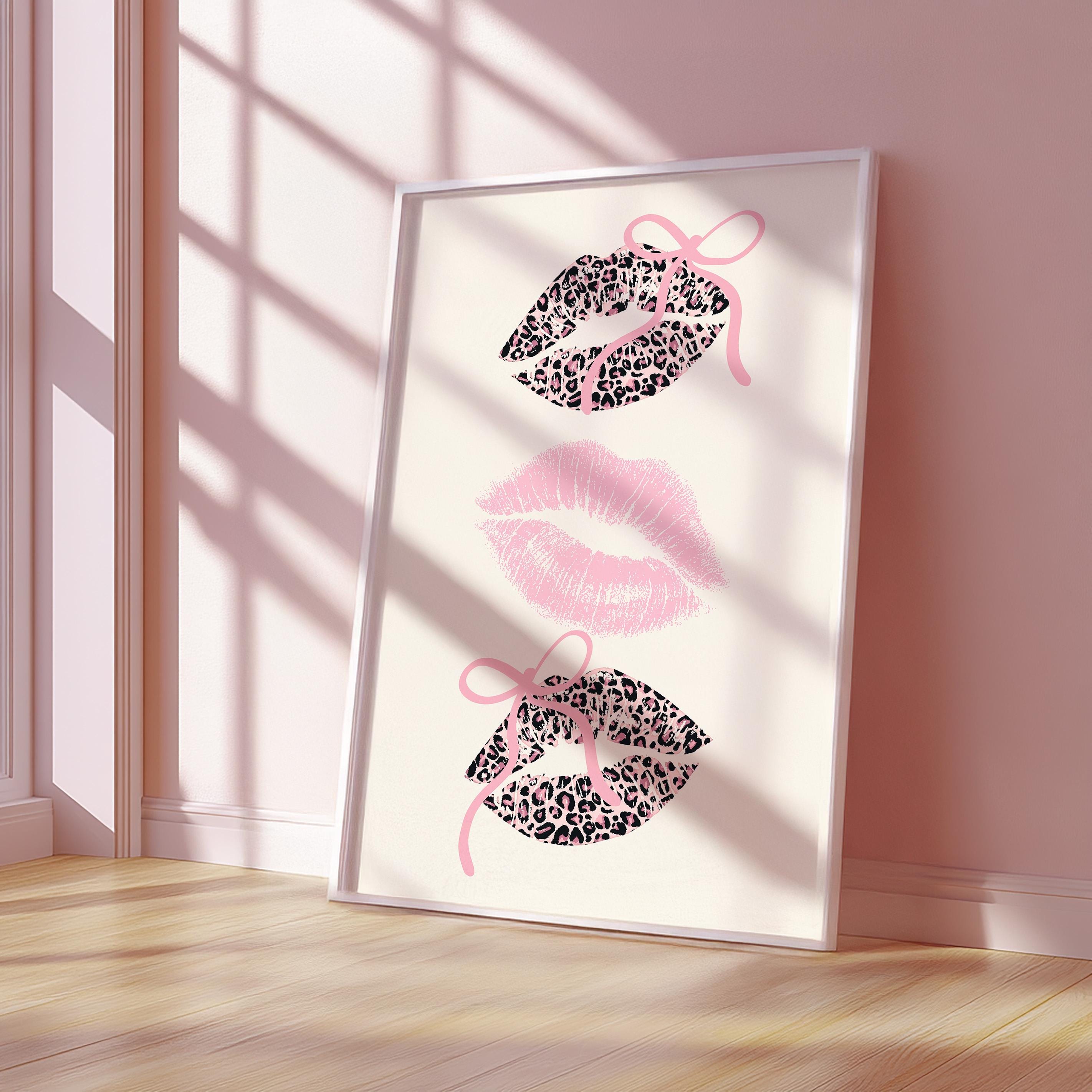 Pink Coquette Lips Wall Art, Leopard Print Kiss Poster, Girly Aesthetic Decor, Feminine Fashion Art, Trendy Printable Wall Art