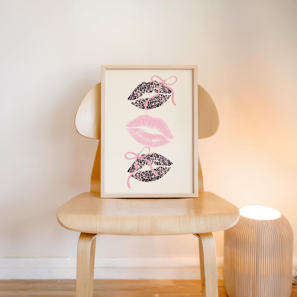 Pink Coquette Lips Wall Art, Leopard Print Kiss Poster, Girly Aesthetic Decor, Feminine Fashion Art, Trendy Printable Wall Art