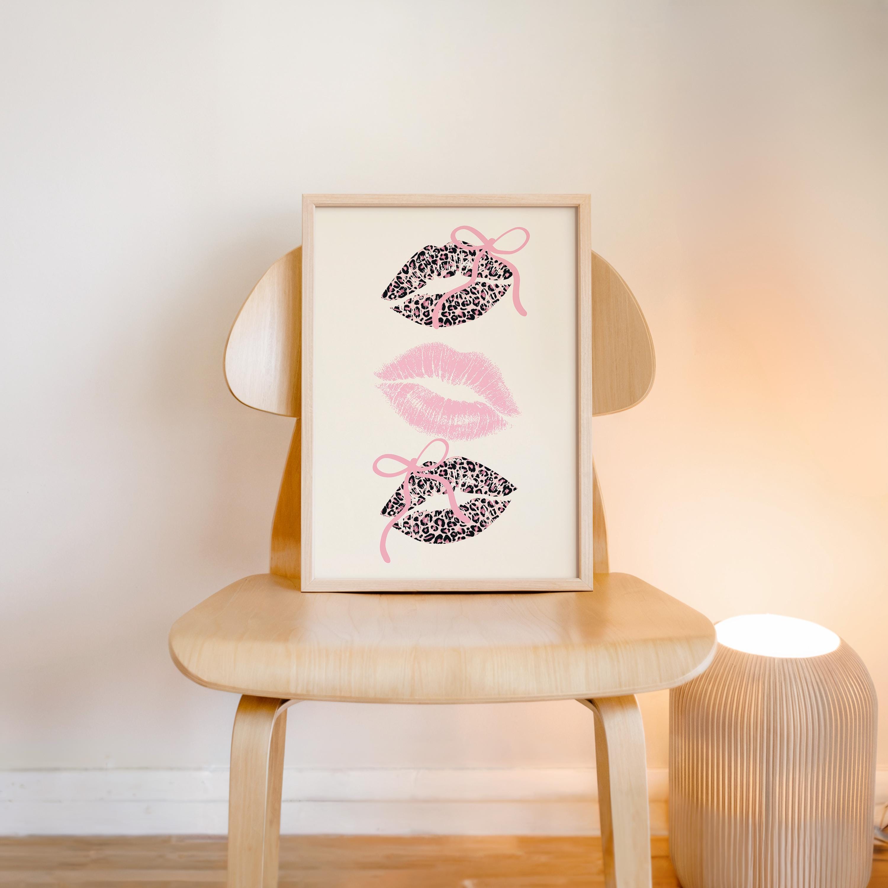 Pink Coquette Lips Wall Art, Leopard Print Kiss Poster, Girly Aesthetic Decor, Feminine Fashion Art, Trendy Printable Wall Art