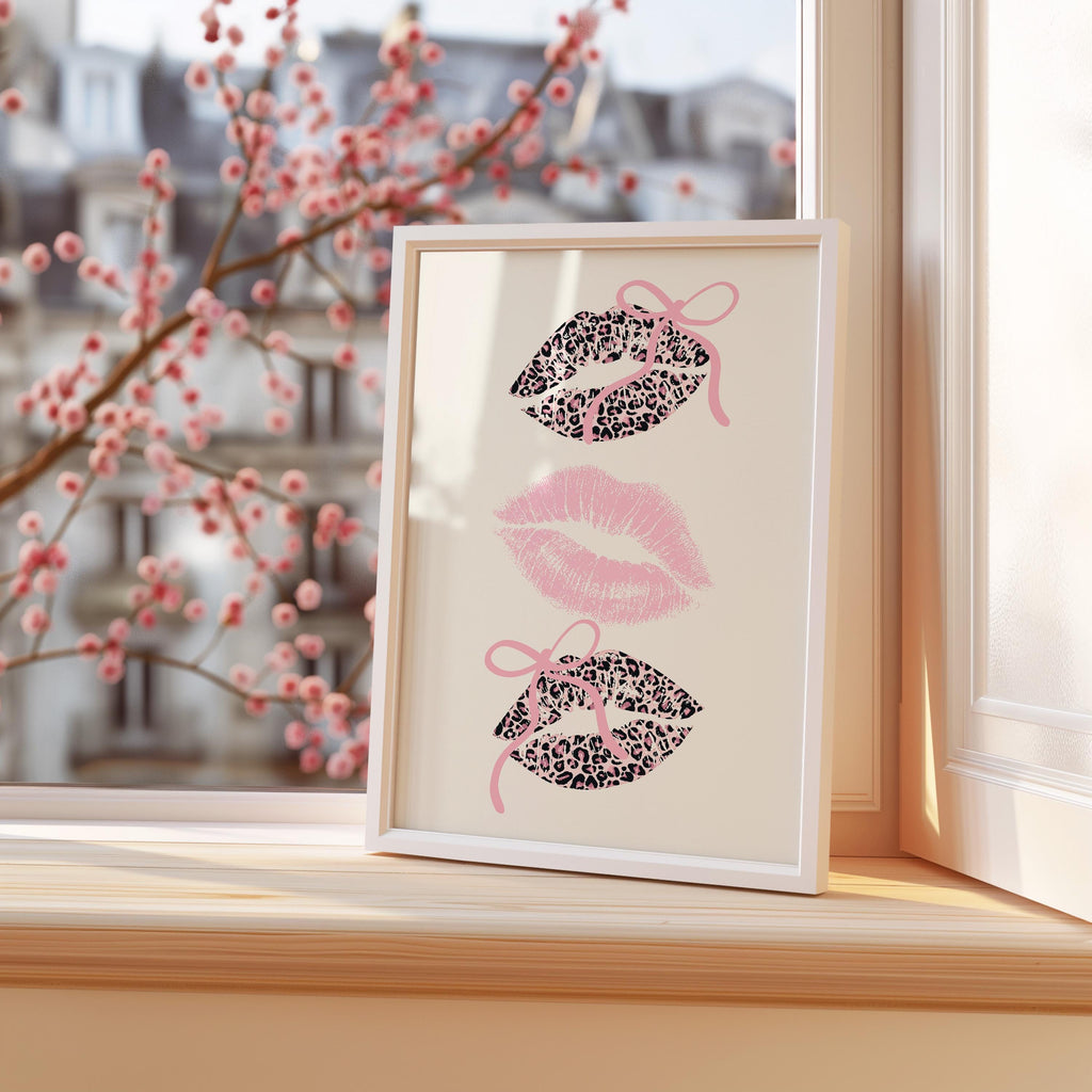 Pink Coquette Lips Wall Art, Leopard Print Kiss Poster, Girly Aesthetic Decor, Feminine Fashion Art, Trendy Printable Wall Art
