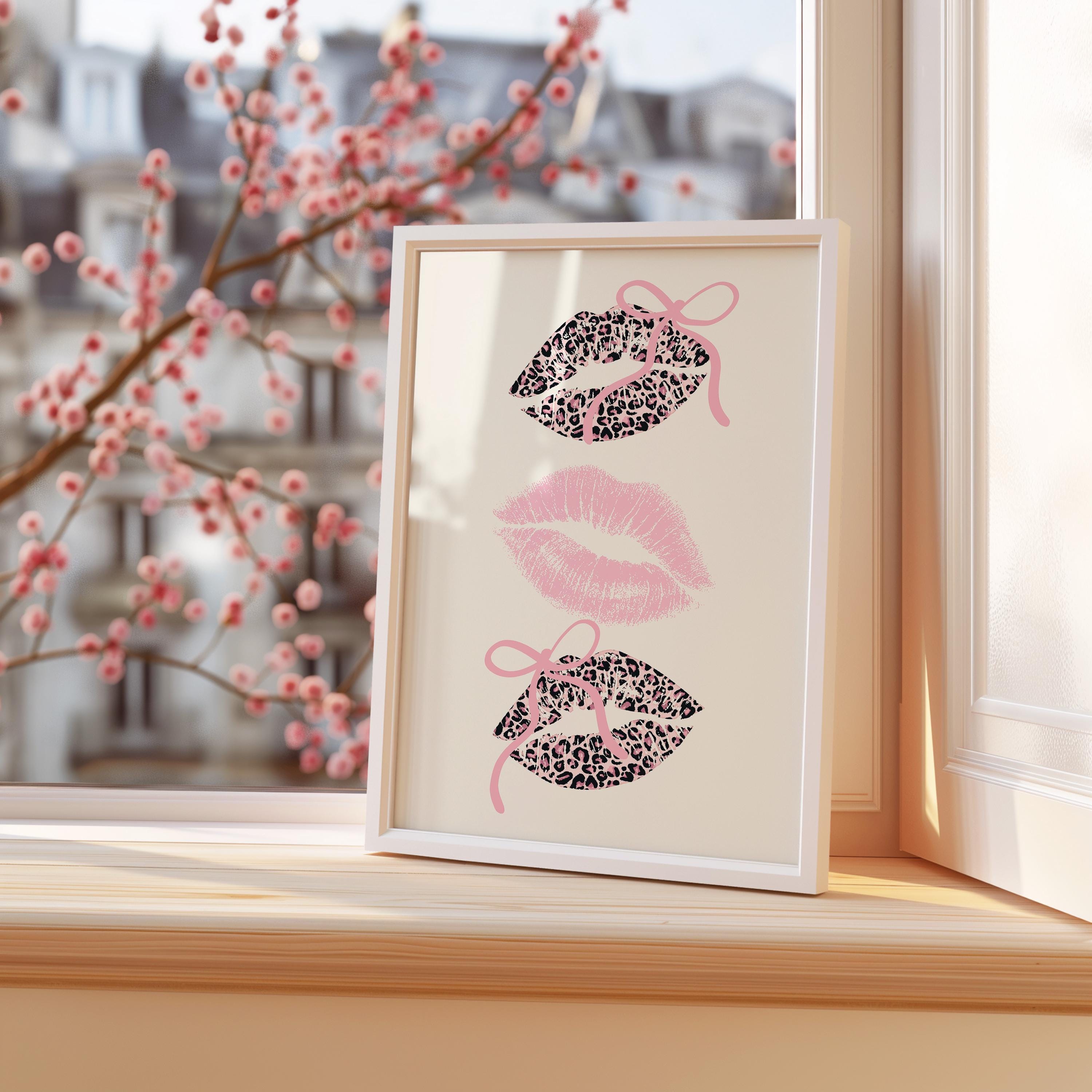 Pink Coquette Lips Wall Art, Leopard Print Kiss Poster, Girly Aesthetic Decor, Feminine Fashion Art, Trendy Printable Wall Art