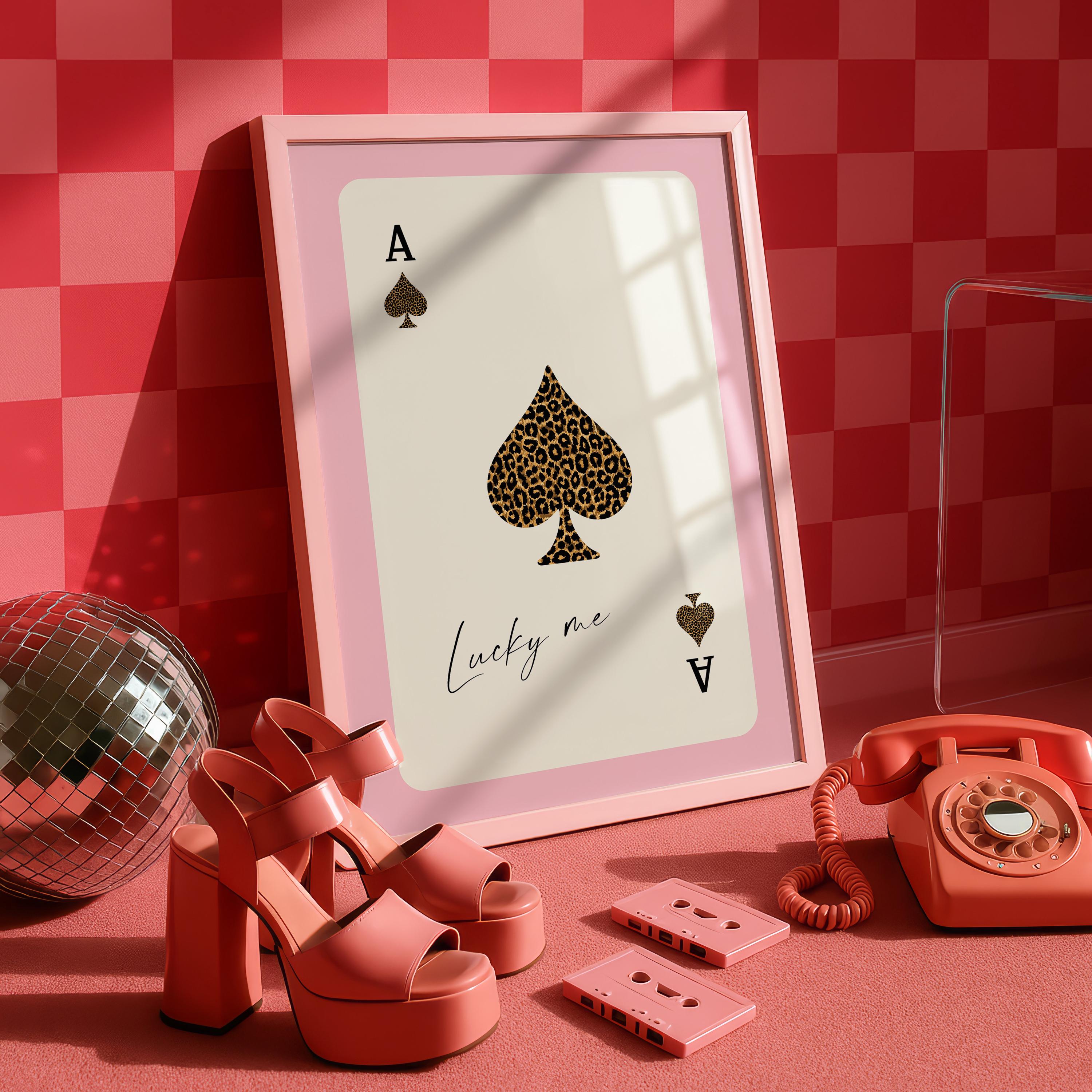 Pink Ace of Spades Wall Art, Lucky Me Playing Card Print, Leopard Poster, Coquette Pink Wall Decor, Girly Aesthetic, Trendy Lucky Girl Decor