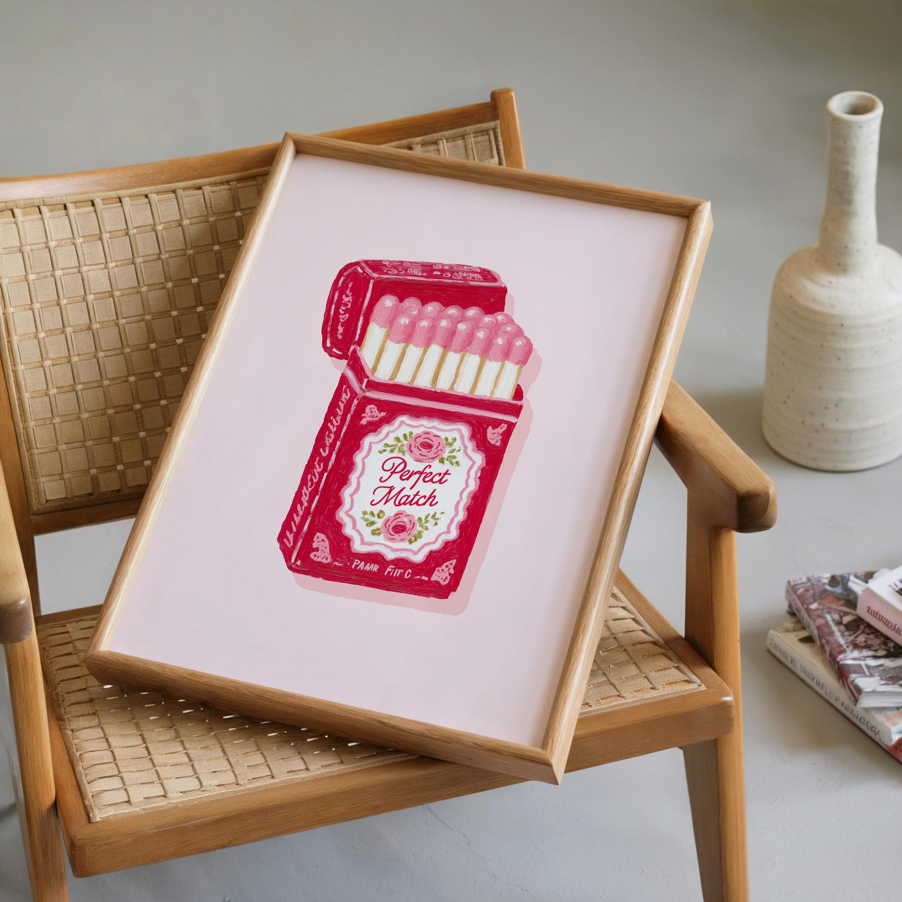 Perfect Match Pink Matchbox Art Print, Valentine Wall Art, Romantic Bar Cart Decor, Retro Love Poster, Girly Home Art, Trendy Print