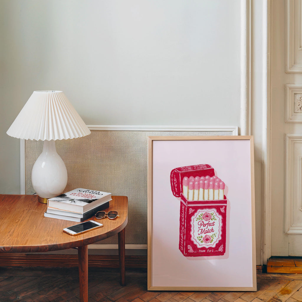 Perfect Match Pink Matchbox Art Print, Valentine Wall Art, Romantic Bar Cart Decor, Retro Love Poster, Girly Home Art, Trendy Print