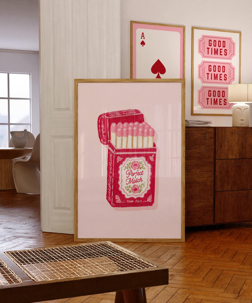 Perfect Match Pink Matchbox Art Print, Valentine Wall Art, Romantic Bar Cart Decor, Retro Love Poster, Girly Home Art, Trendy Print