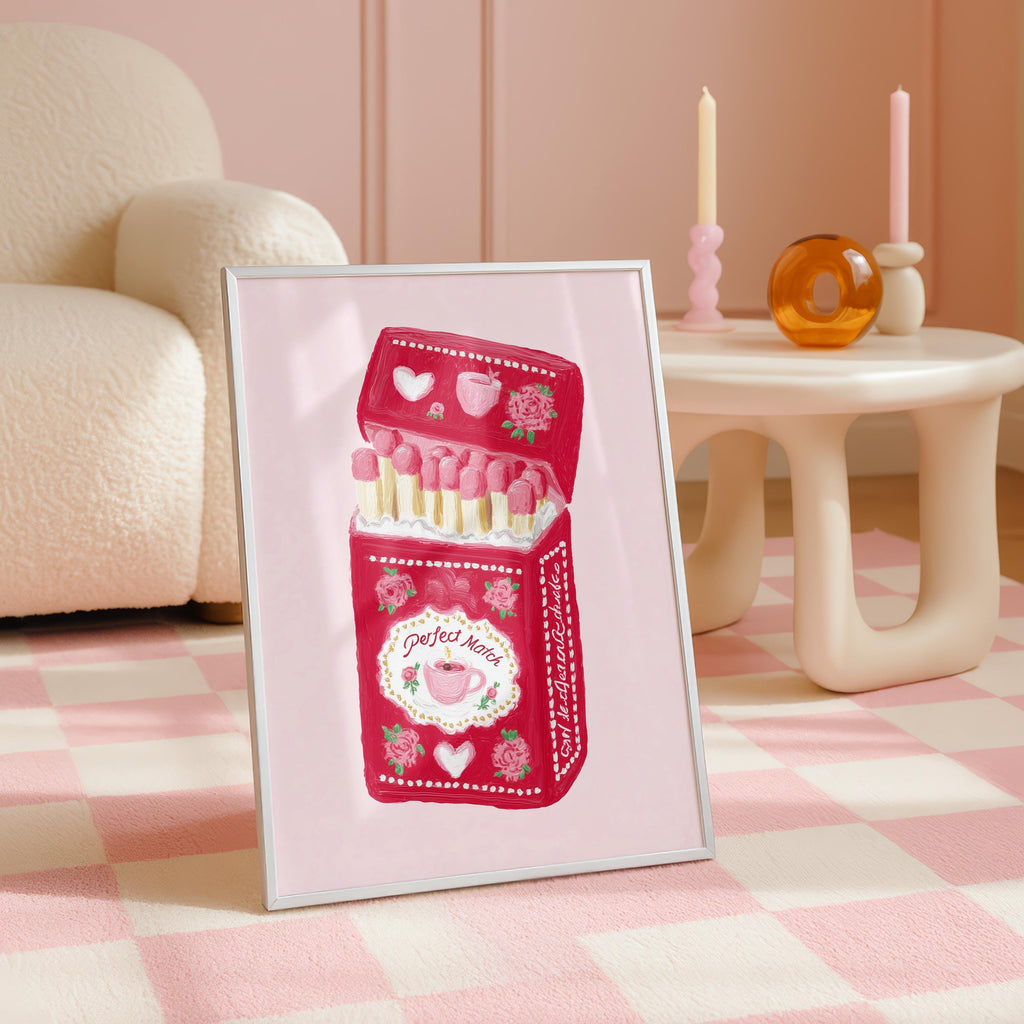 Perfect Match Pink Matchbox Art Print, Valentine Wall Art, Cute Coffee Love Poster, Romantic Girly Decor, Retro Pink Home Art, Trendy Print