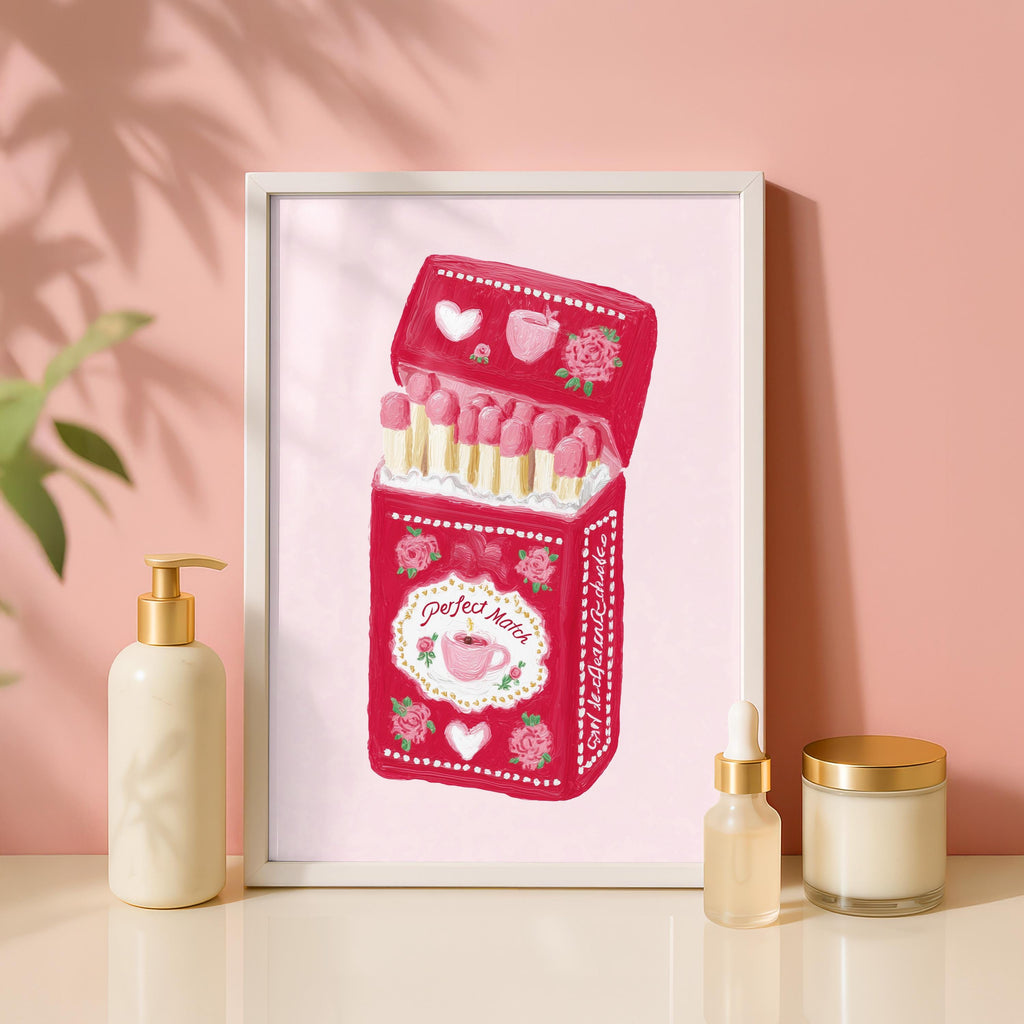 Perfect Match Pink Matchbox Art Print, Valentine Wall Art, Cute Coffee Love Poster, Romantic Girly Decor, Retro Pink Home Art, Trendy Print