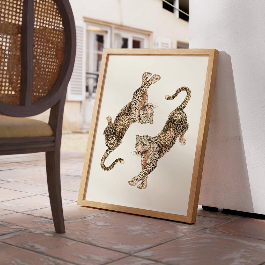 Leopard Wall Art Print, Double Leopard Poster, Vintage Animal Artwork, Neutral Beige Aesthetic Decor, Wild Cat Art, Modern Classic Wall Art