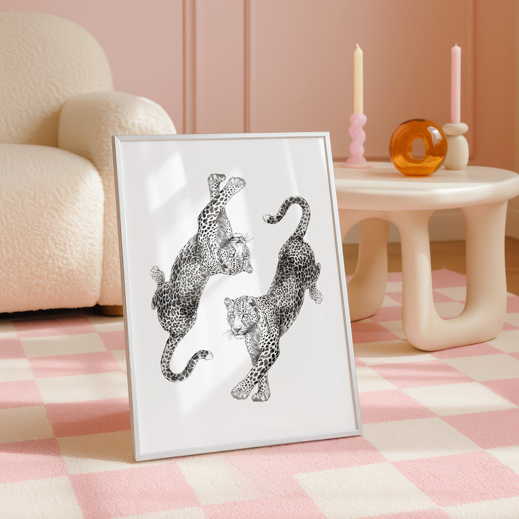 Vintage Leopard Wall Art, Dancing Leopards Illustration Print, Fashion Animal Poster, Chic Neutral Home Decor, Editorial Style Leopard Art