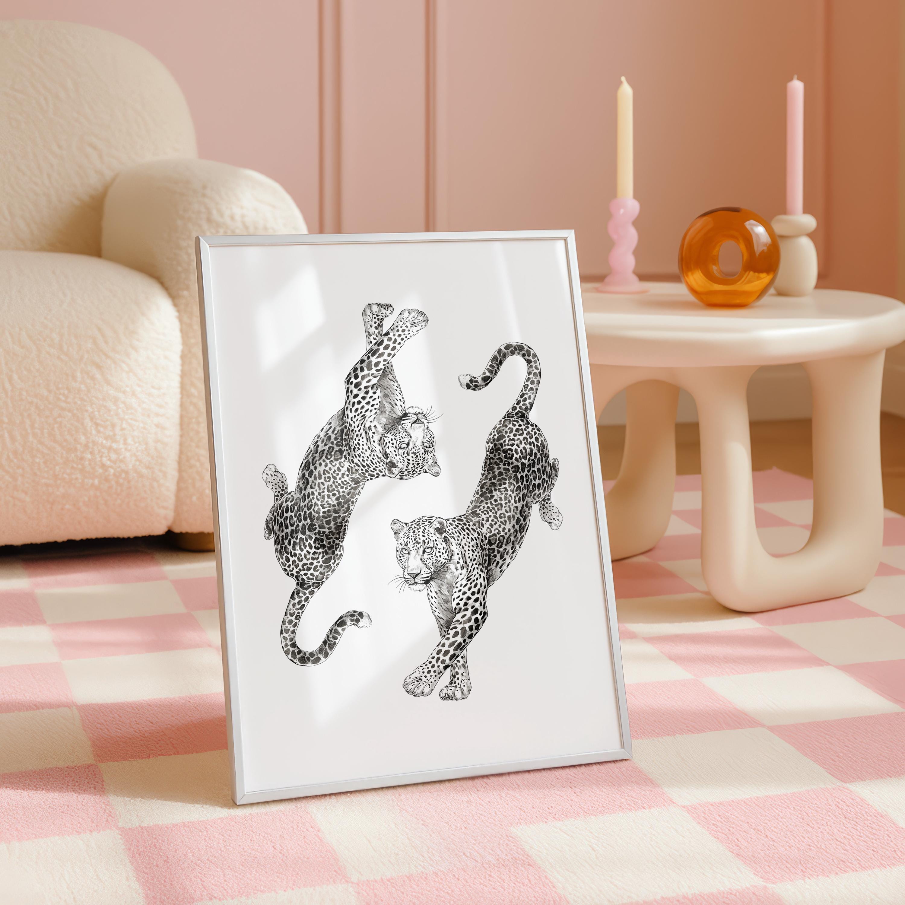 Vintage Leopard Wall Art, Dancing Leopards Illustration Print, Fashion Animal Poster, Chic Neutral Home Decor, Editorial Style Leopard Art