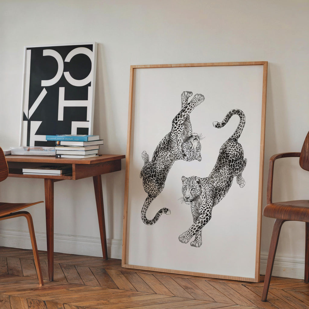 Vintage Leopard Wall Art, Dancing Leopards Illustration Print, Fashion Animal Poster, Chic Neutral Home Decor, Editorial Style Leopard Art