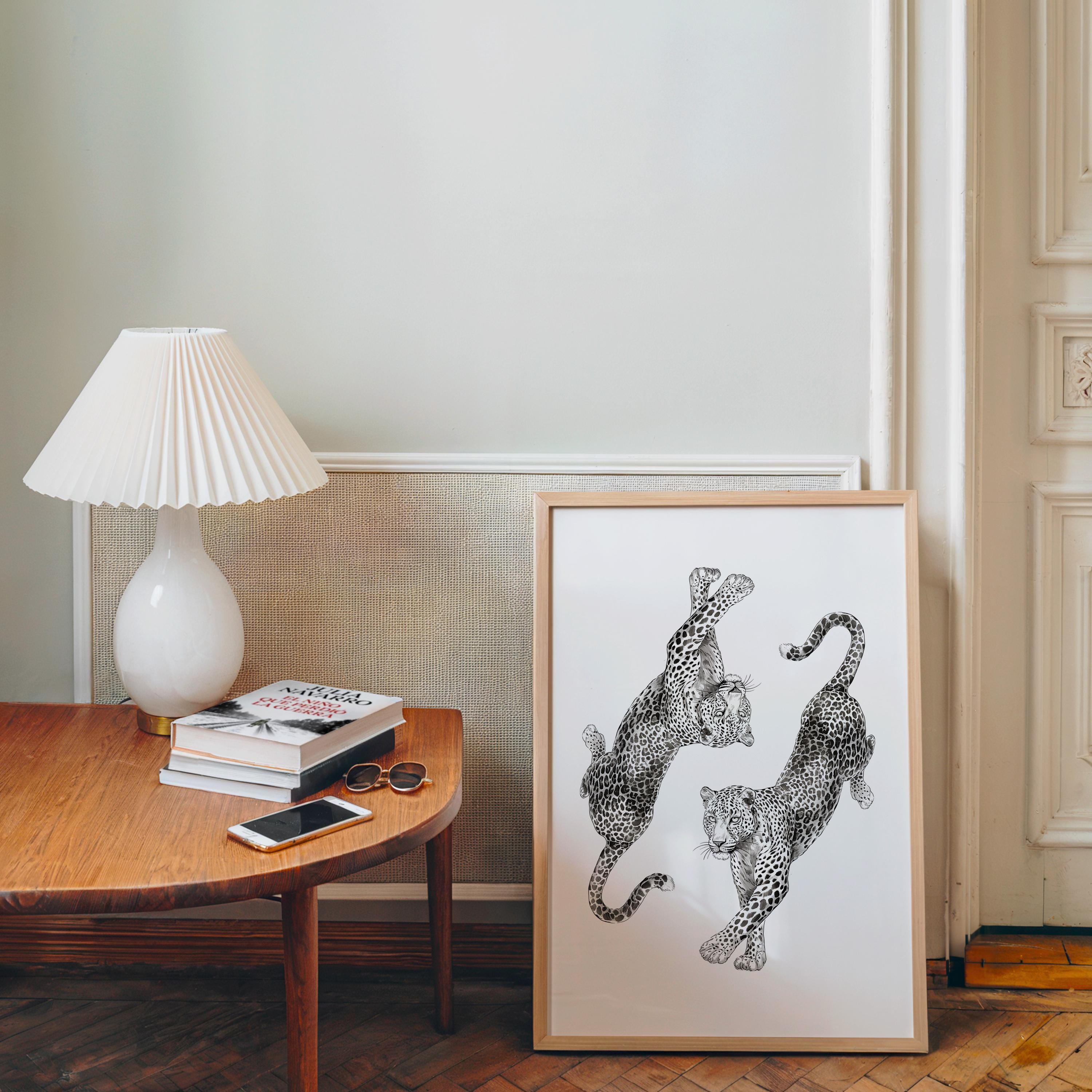 Vintage Leopard Wall Art, Dancing Leopards Illustration Print, Fashion Animal Poster, Chic Neutral Home Decor, Editorial Style Leopard Art