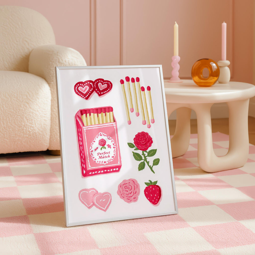 Pink Matchbox Wall Art, Valentine’s Day Printable, Coquette Match Illustration, Romantic Girly Decor, Love Theme Poster, Feminine Pink Art