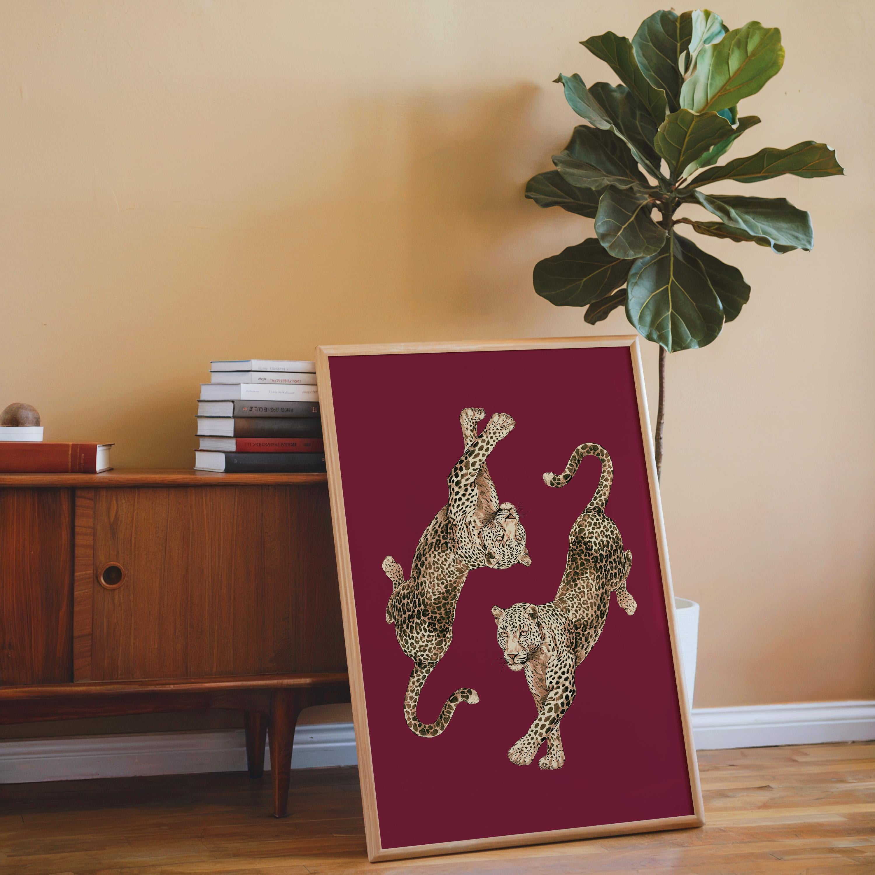 Dancing Leopards Burgundy Wall Art, Leopard Print, Luxury Fashion Animal Poster, Bold Statement Home Decor, Editorial Style Gallery Wall Art