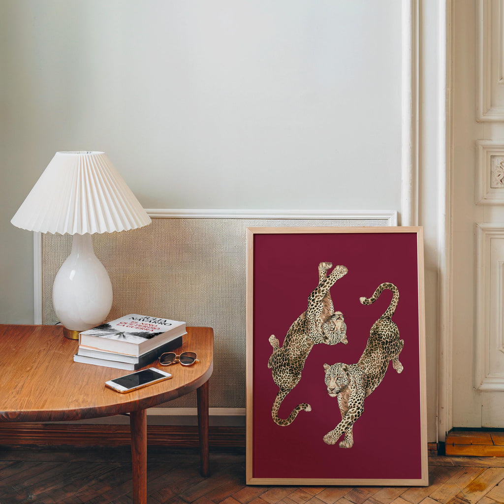 Dancing Leopards Burgundy Wall Art, Leopard Print, Luxury Fashion Animal Poster, Bold Statement Home Decor, Editorial Style Gallery Wall Art