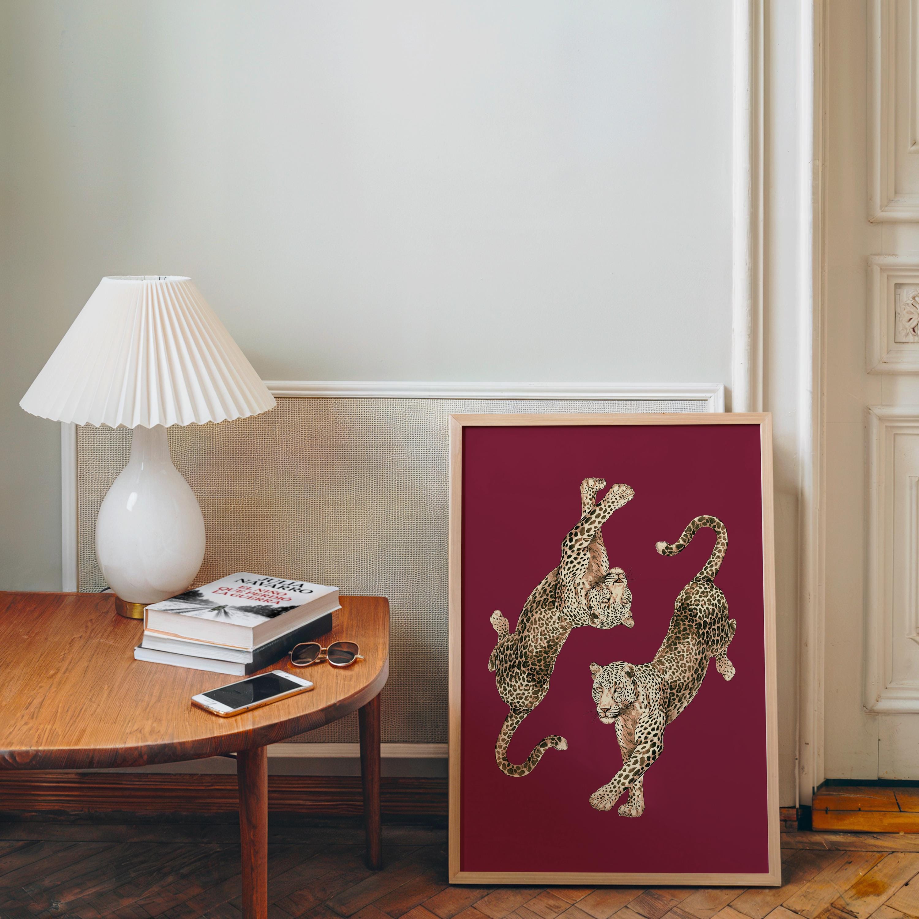 Dancing Leopards Burgundy Wall Art, Leopard Print, Luxury Fashion Animal Poster, Bold Statement Home Decor, Editorial Style Gallery Wall Art