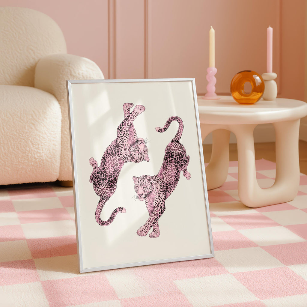 Pink Leopard Wall Art, Dancing Leopards Print, Feminine Luxury Animal Artwork, Chic Fashion Leopard Poster, Modern Girly Home Decor