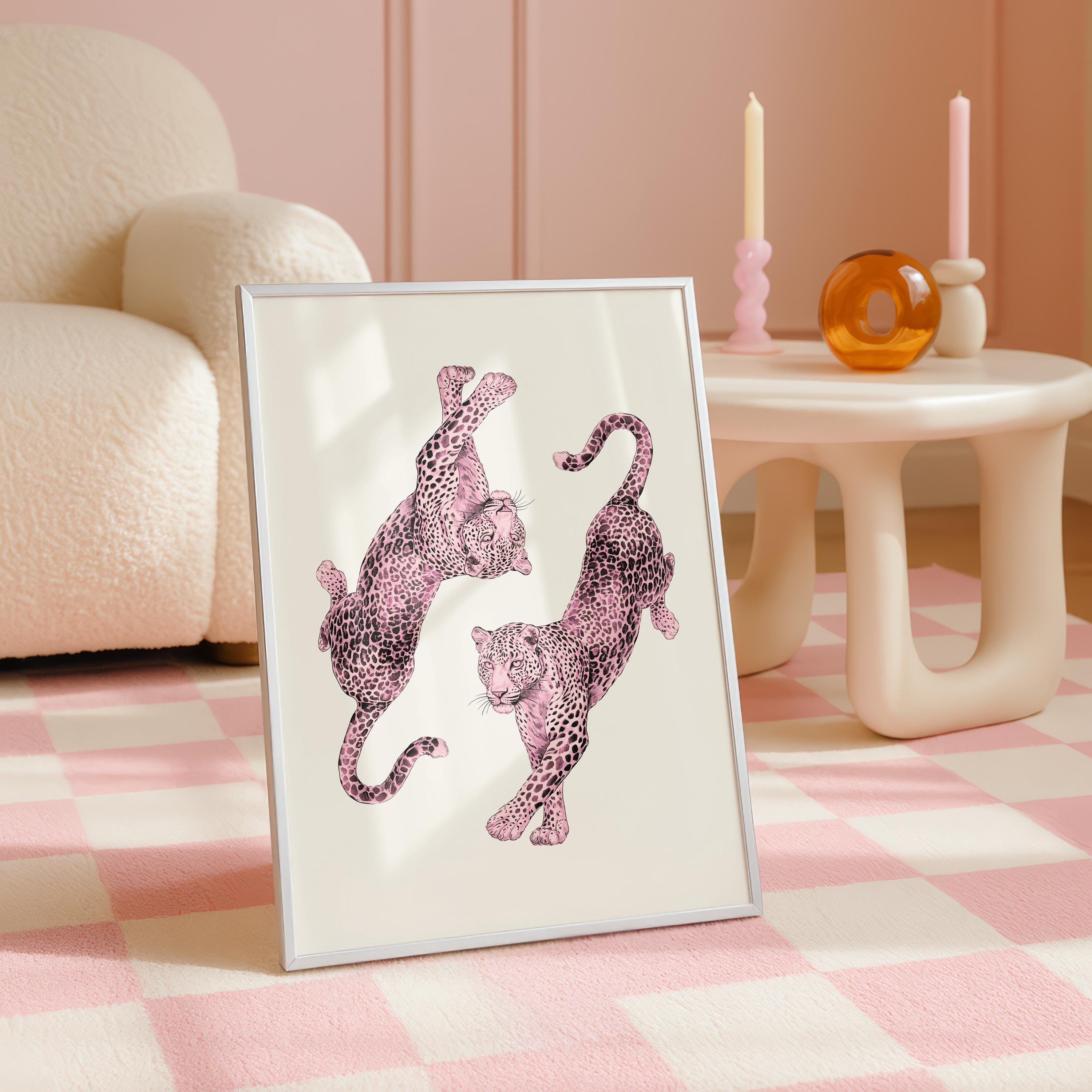 Pink Leopard Wall Art, Dancing Leopards Print, Feminine Luxury Animal Artwork, Chic Fashion Leopard Poster, Modern Girly Home Decor