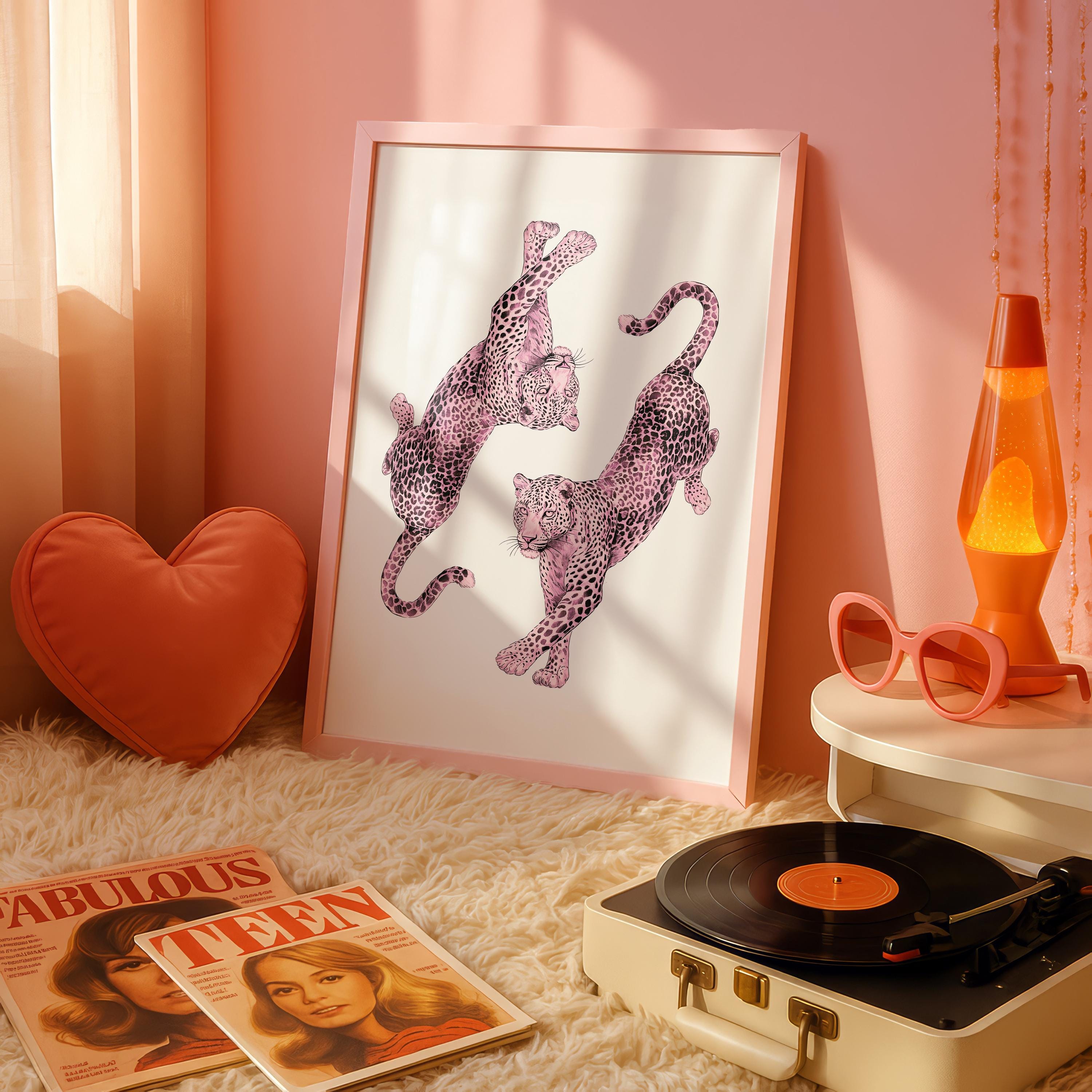 Pink Leopard Wall Art, Dancing Leopards Print, Feminine Luxury Animal Artwork, Chic Fashion Leopard Poster, Modern Girly Home Decor
