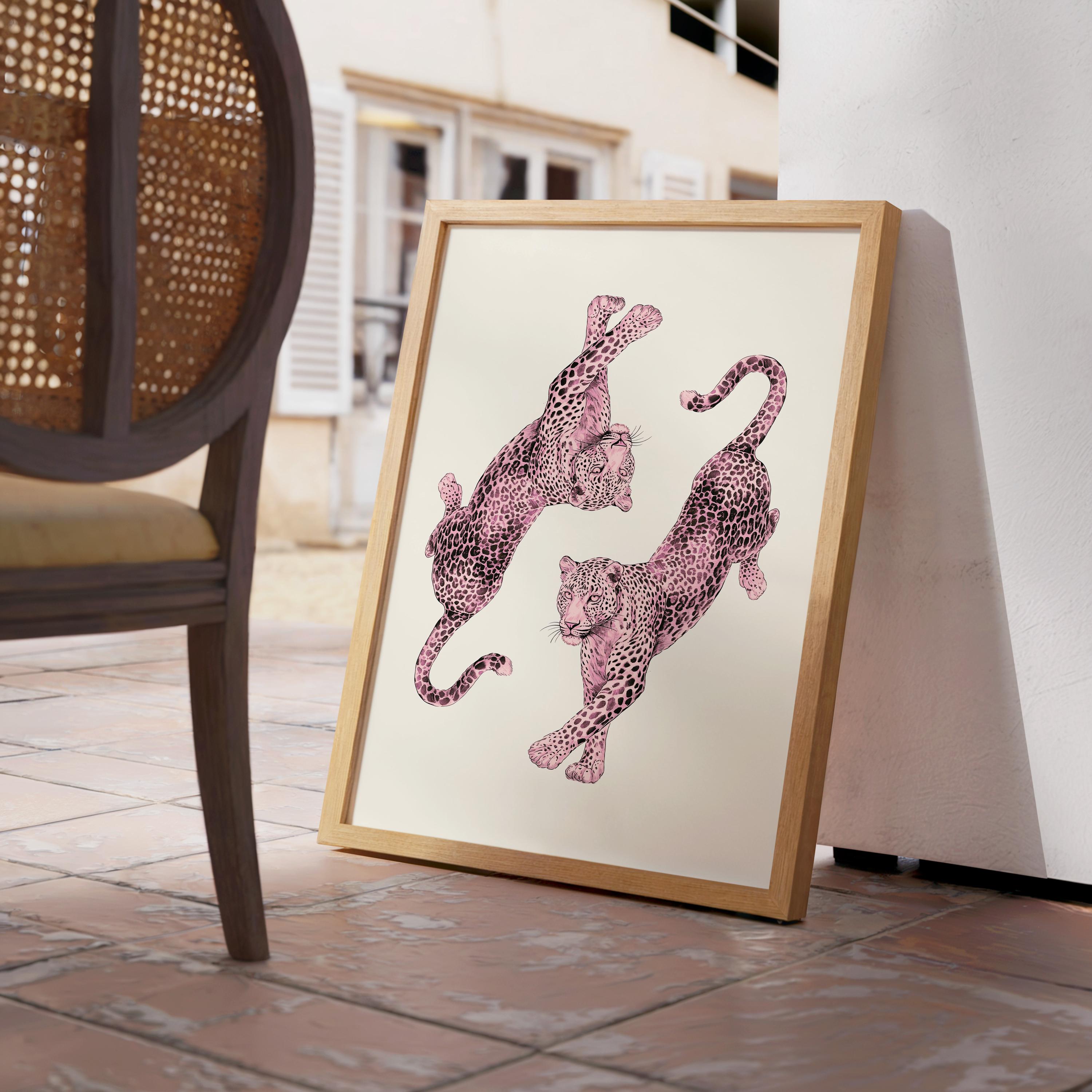 Pink Leopard Wall Art, Dancing Leopards Print, Feminine Luxury Animal Artwork, Chic Fashion Leopard Poster, Modern Girly Home Decor