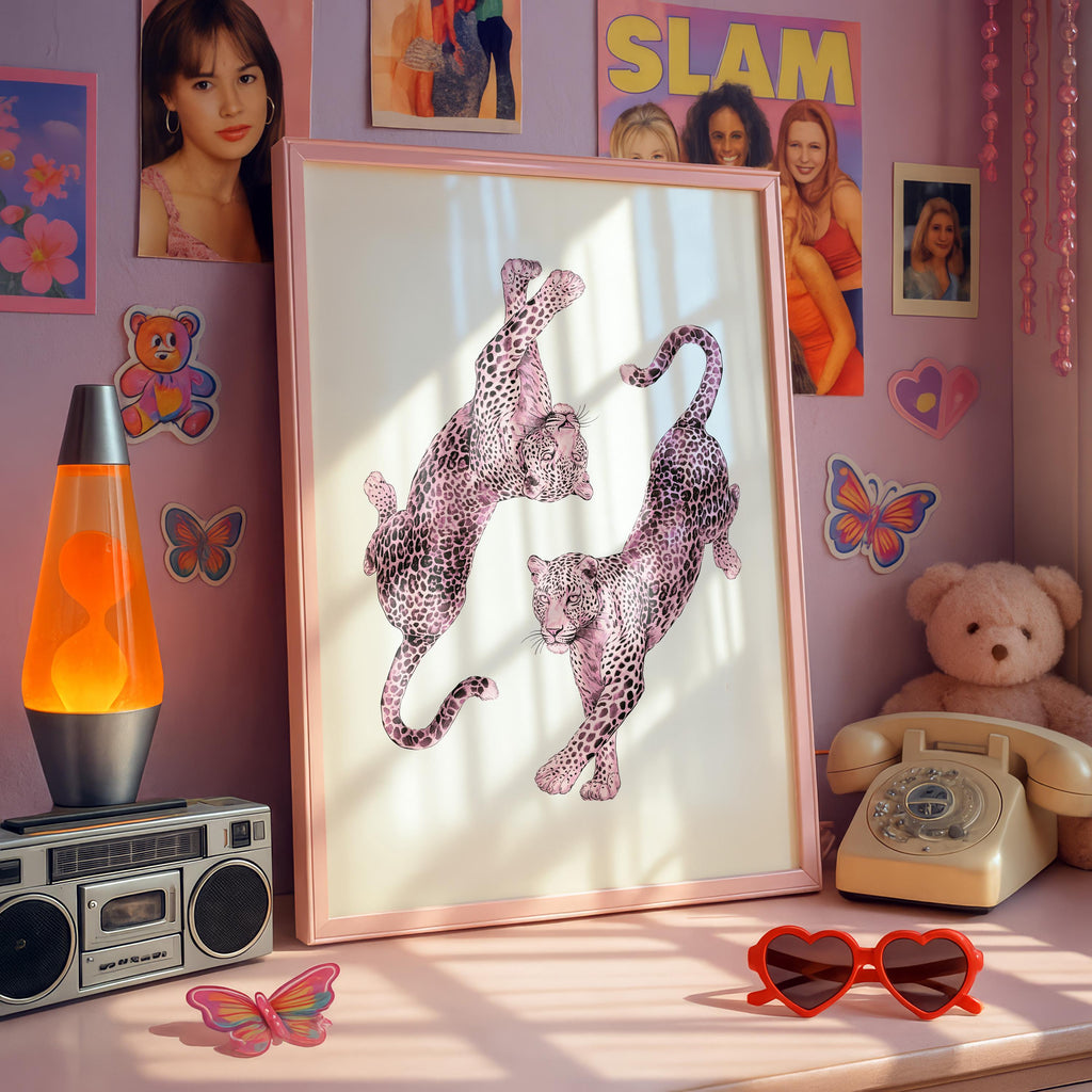 Pink Leopard Wall Art, Dancing Leopards Print, Feminine Luxury Animal Artwork, Chic Fashion Leopard Poster, Modern Girly Home Decor
