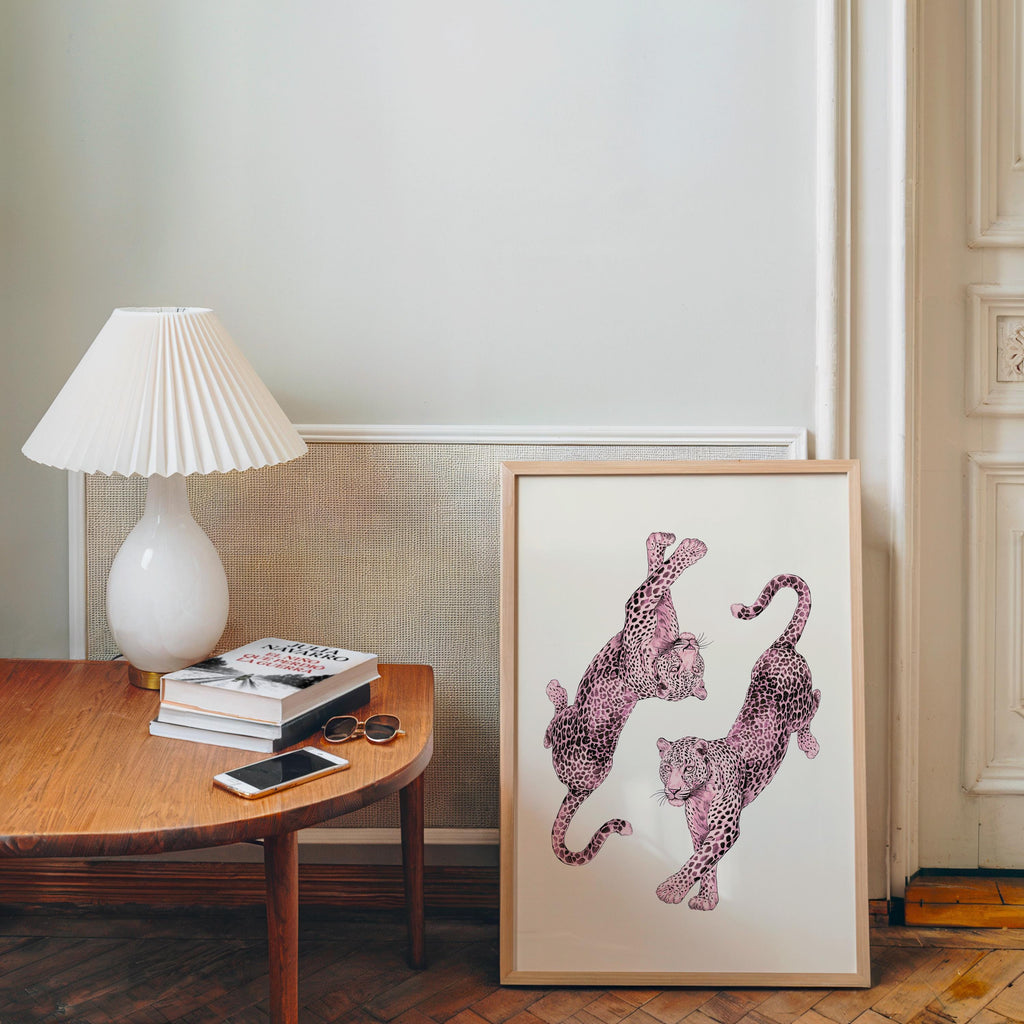 Pink Leopard Wall Art, Dancing Leopards Print, Feminine Luxury Animal Artwork, Chic Fashion Leopard Poster, Modern Girly Home Decor