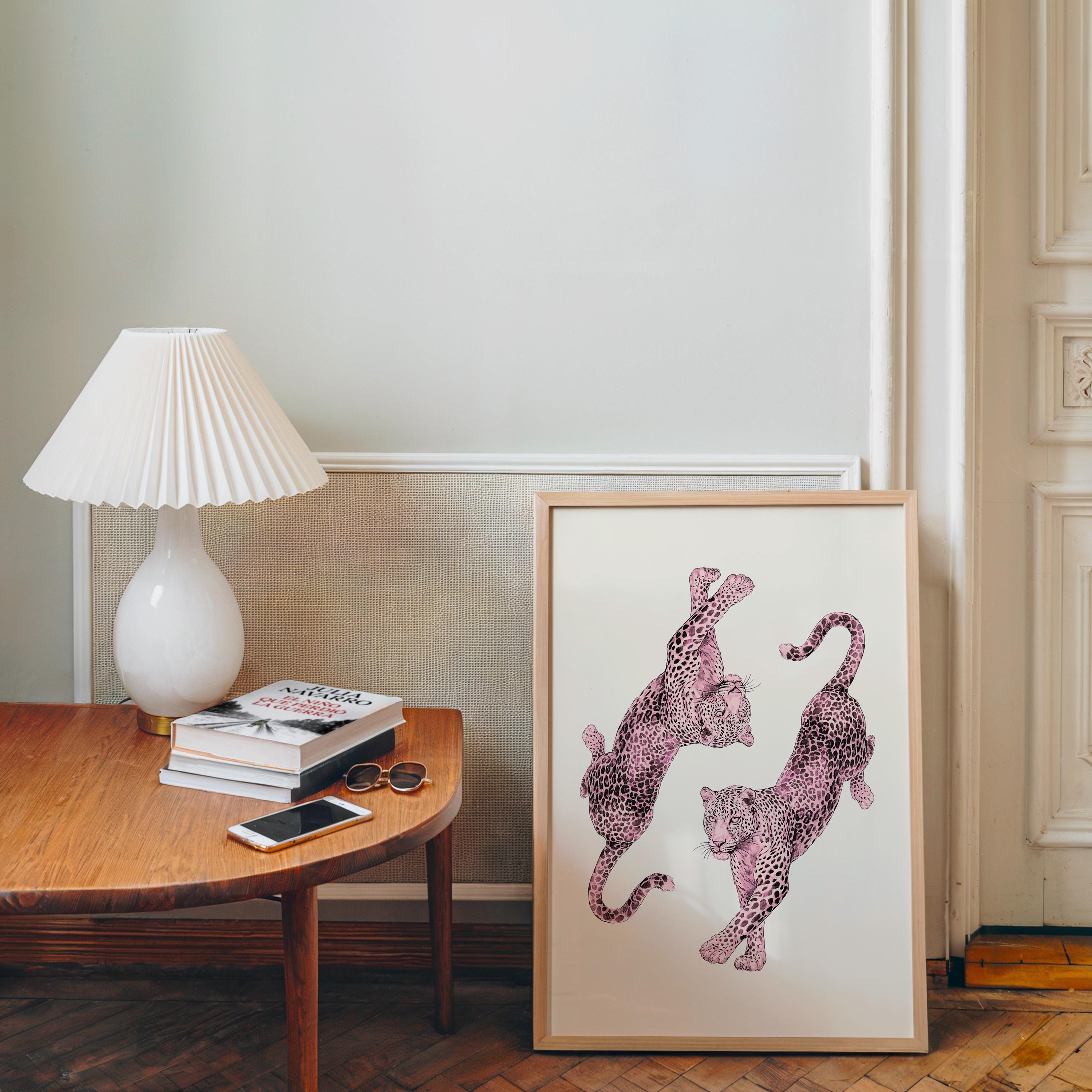 Pink Leopard Wall Art, Dancing Leopards Print, Feminine Luxury Animal Artwork, Chic Fashion Leopard Poster, Modern Girly Home Decor