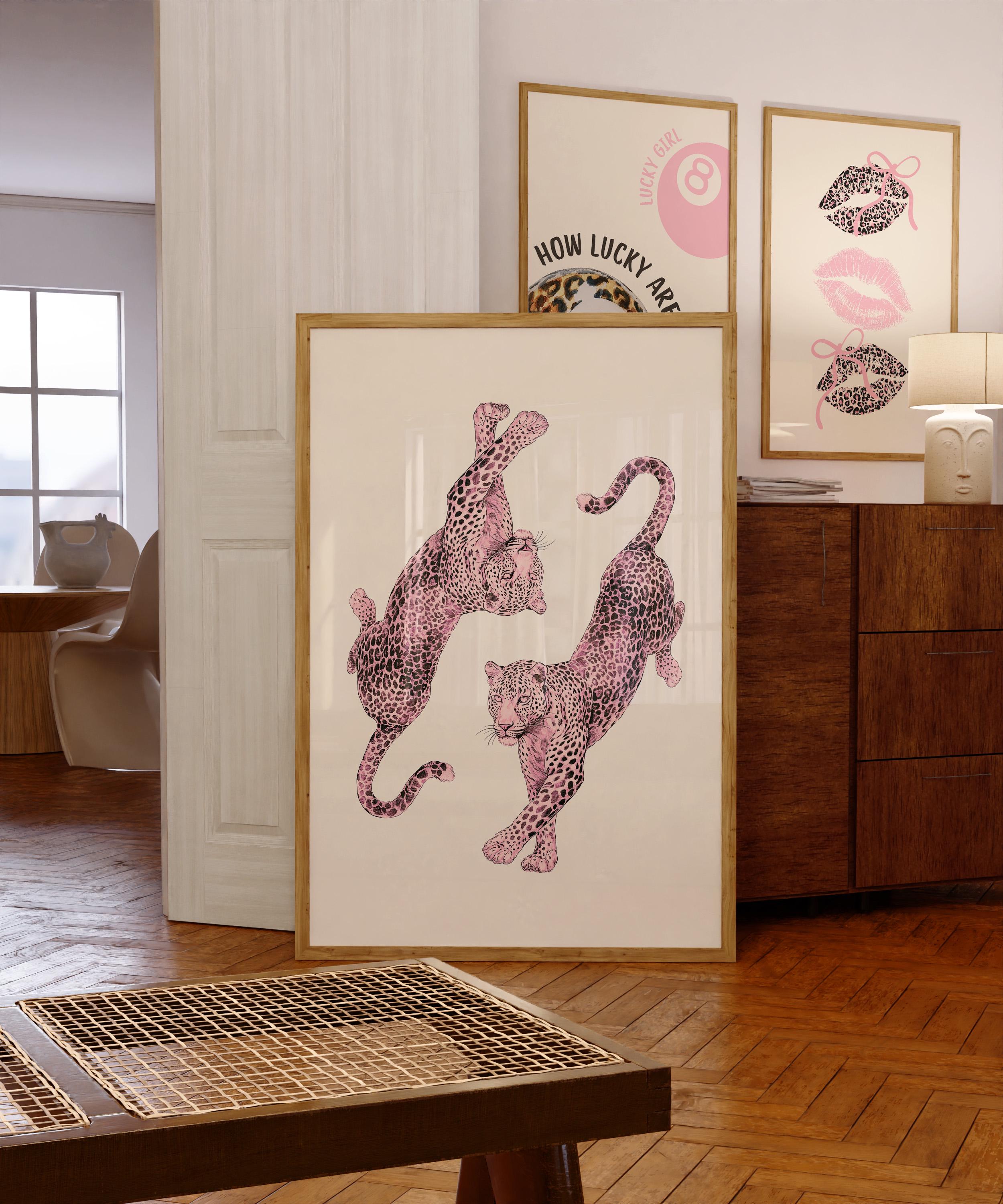Pink Leopard Wall Art, Dancing Leopards Print, Feminine Luxury Animal Artwork, Chic Fashion Leopard Poster, Modern Girly Home Decor