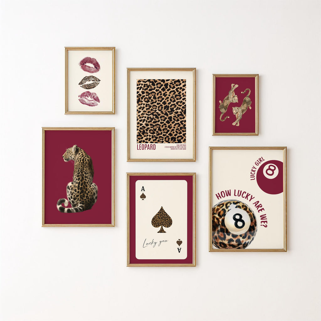 Luxury Burgundy Leopard Wall Art Set, Fashion Inspired Animal Prints, Editorial Style Gallery Wall, Chic Feminine Home Decor, Trendy Print