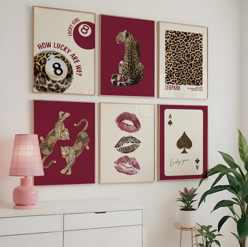 Luxury Burgundy Leopard Wall Art Set, Fashion Inspired Animal Prints, Editorial Style Gallery Wall, Chic Feminine Home Decor, Trendy Print
