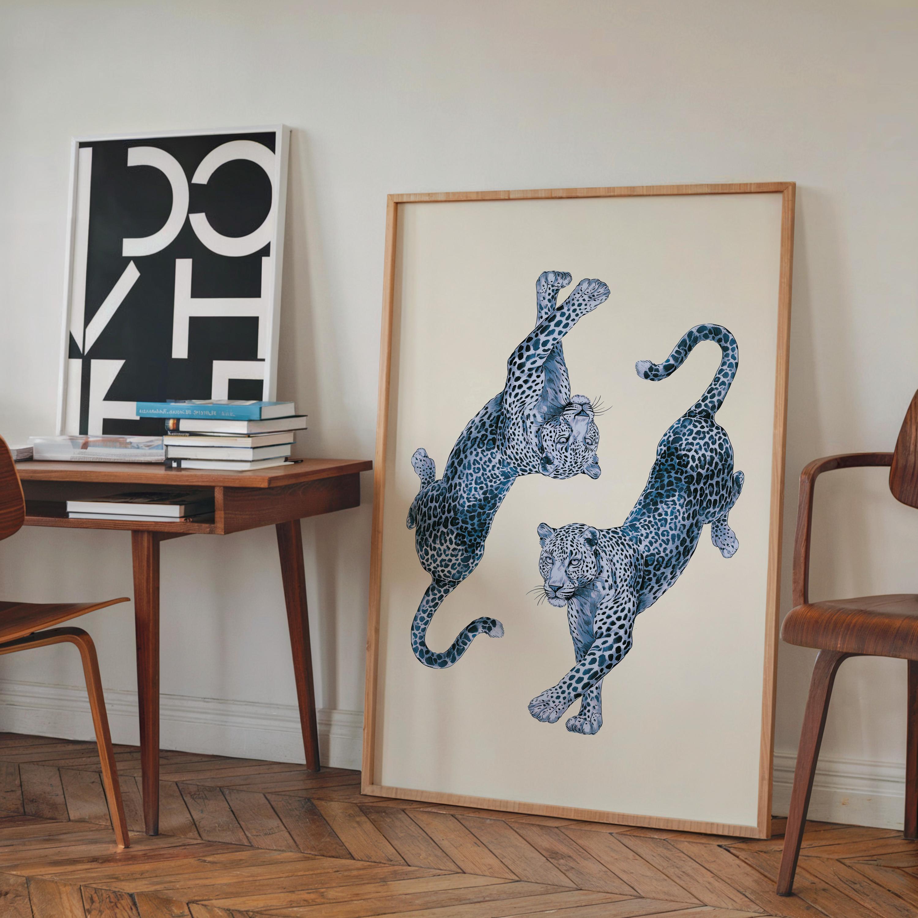 Leopard Fashion Blue Wall Art Set, Trendy Chic Printable Poster, Modern Glam Gallery Wall Decor, Stylish Lucky 8 Art, Fashion Home Decor