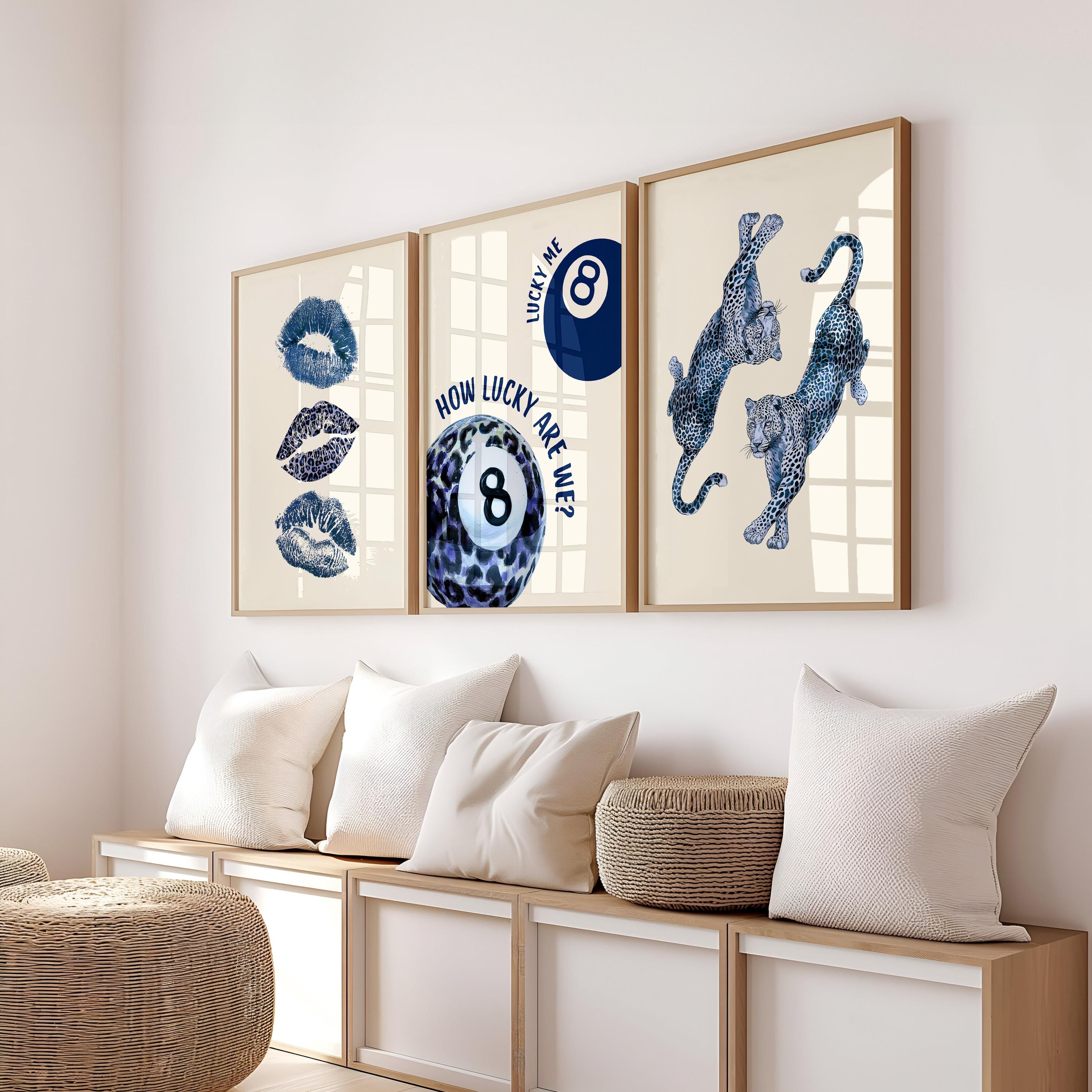 Leopard Fashion Blue Wall Art Set, Trendy Chic Printable Poster, Modern Glam Gallery Wall Decor, Stylish Lucky 8 Art, Fashion Home Decor