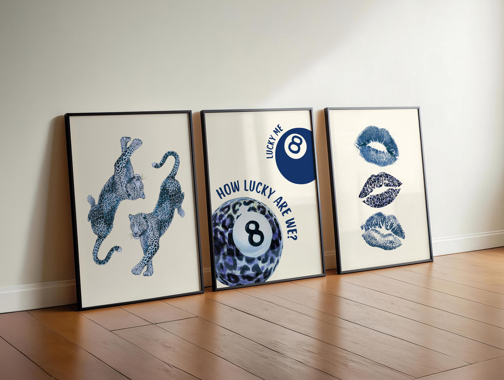 Leopard Fashion Blue Wall Art Set, Trendy Chic Printable Poster, Modern Glam Gallery Wall Decor, Stylish Lucky 8 Art, Fashion Home Decor
