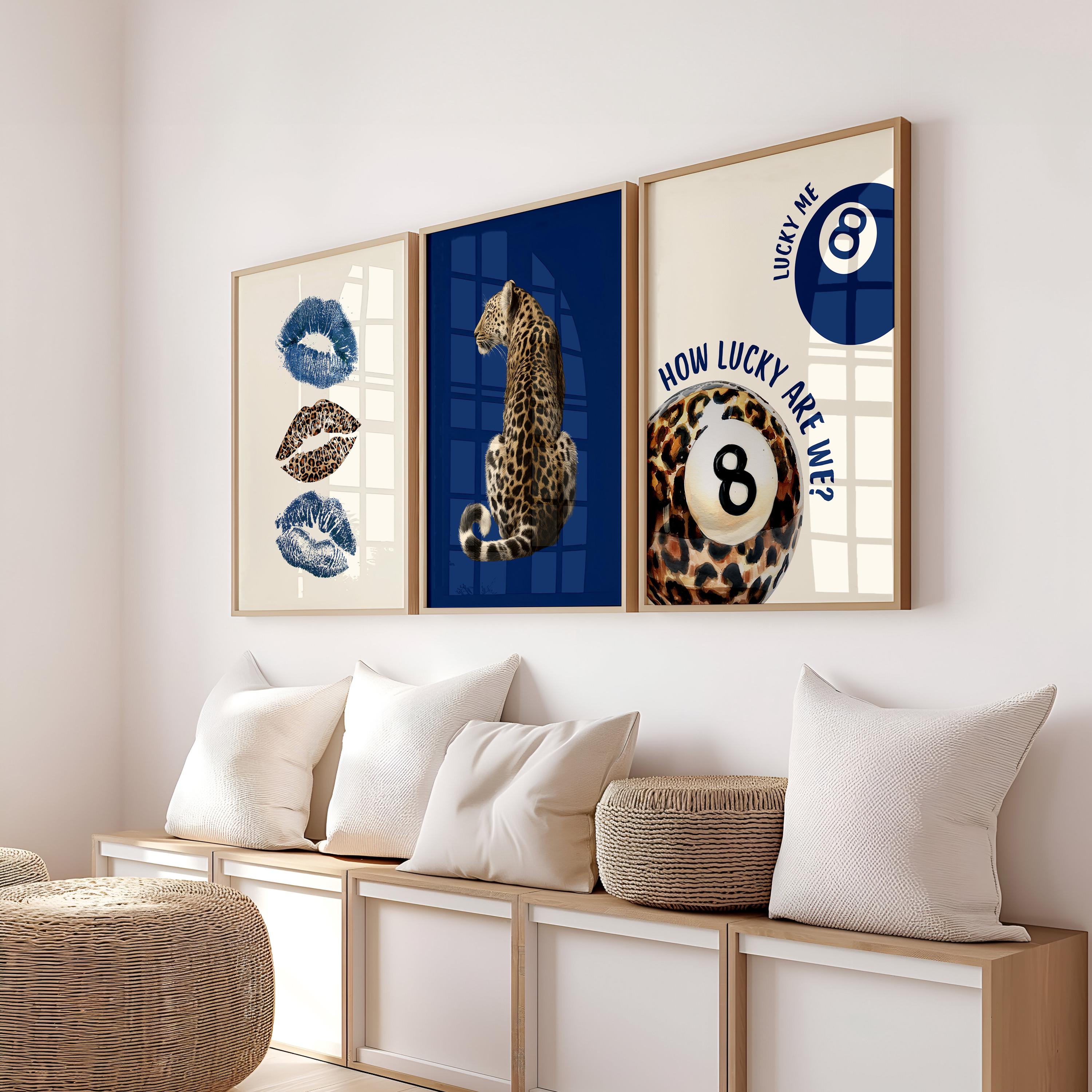 Blue Leopard Wall Art Set, How Lucky Are We Poster, 8 Ball Lucky Me Print, Fashion Animal Art, Modern Chic Gallery Print, Trendy Wall Art