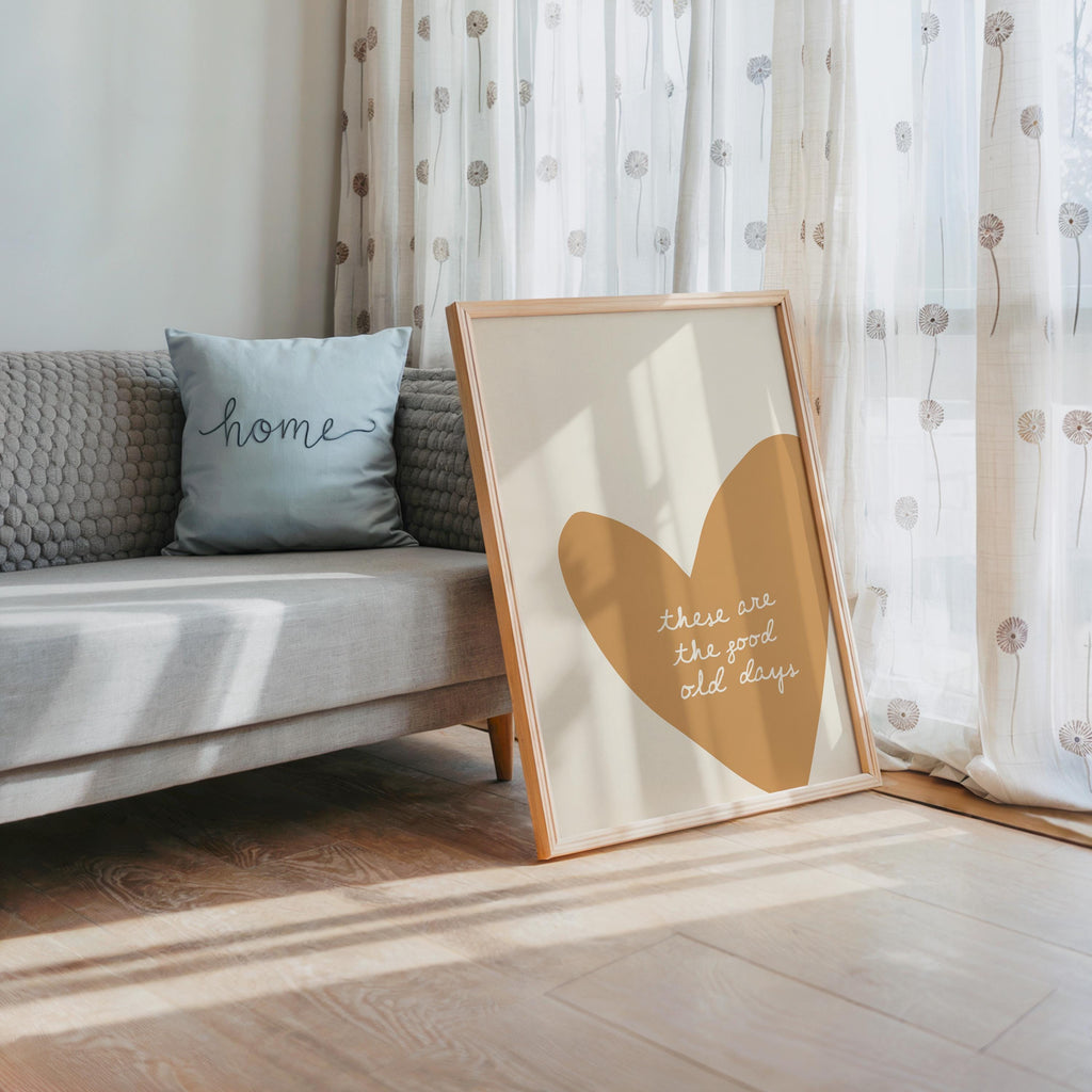 These Are the Good Old Days Print, Minimal Heart Wall Decor, Neutral Typography Poster, Cozy Modern Living Room Bedroom Home Art
