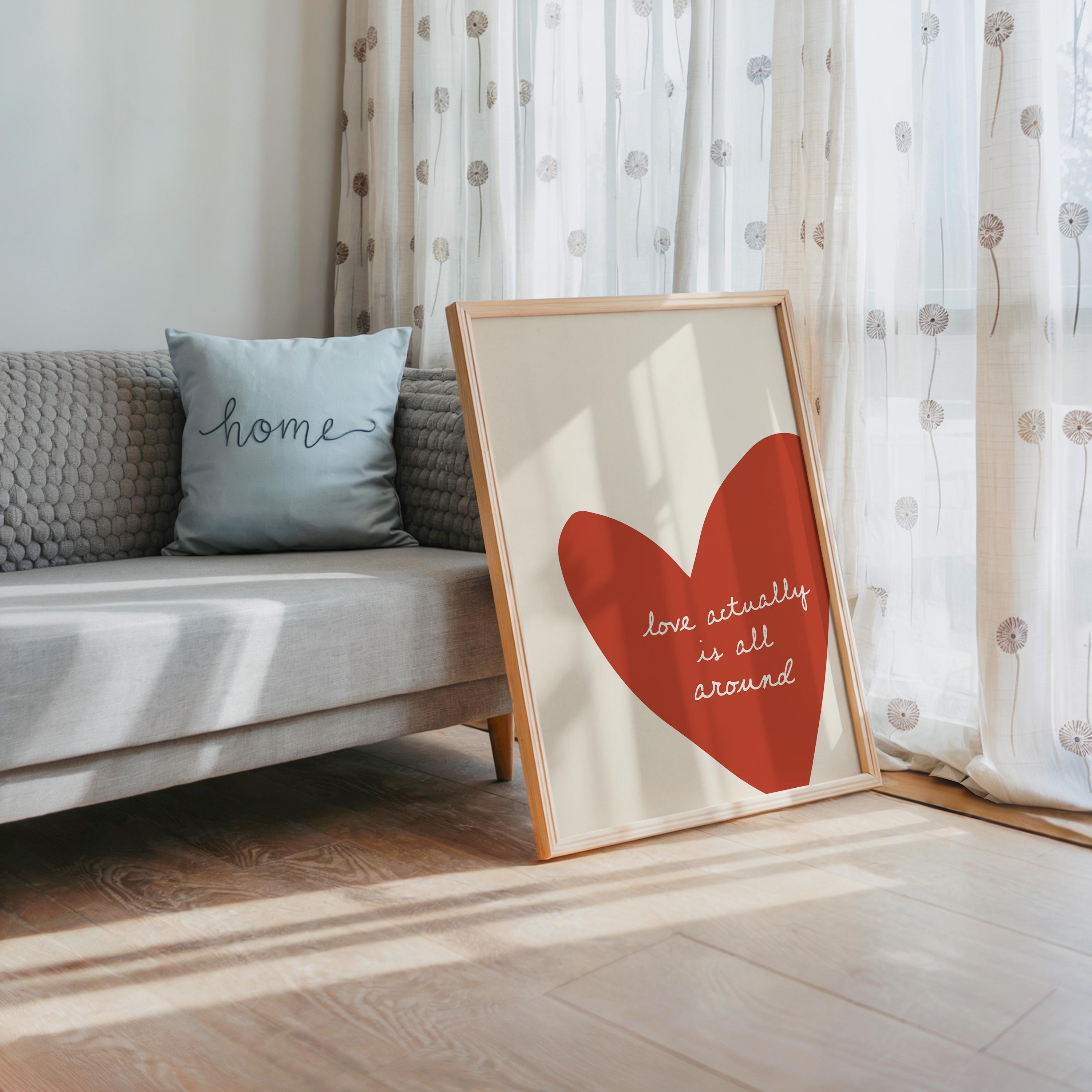 Love Actually Is All Around Print, Minimal Heart Wall Decor, Romantic Typography Poster, Cozy Modern Living Room Bedroom Home Art
