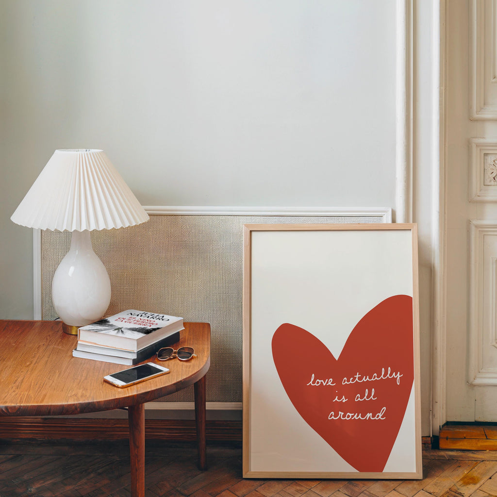 Love Actually Is All Around Print, Minimal Heart Wall Decor, Romantic Typography Poster, Cozy Modern Living Room Bedroom Home Art