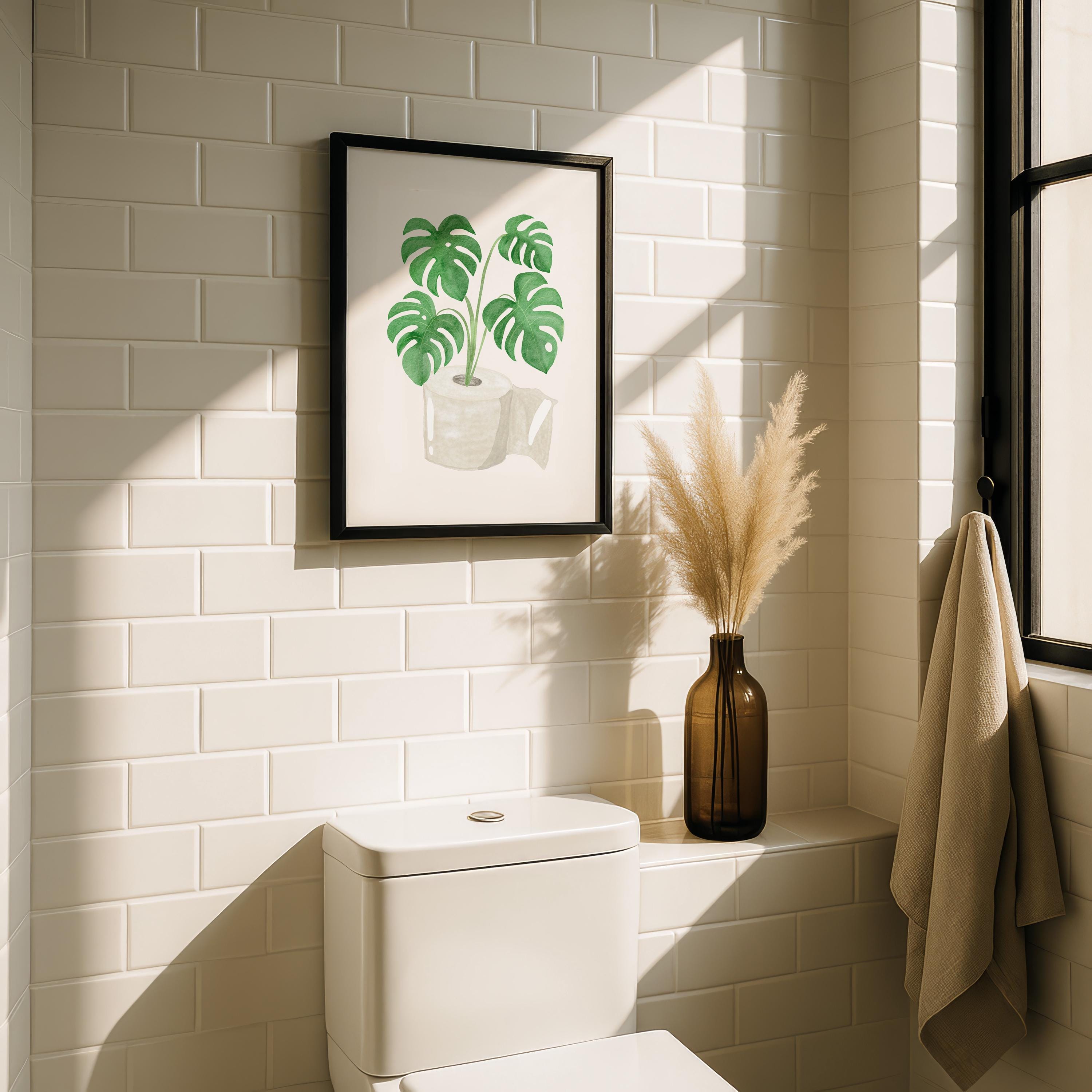 Boho Bathroom Wall Art, Monstera Plant Print, Green Botanical Toilet Decor, Minimalist Spa Bathroom Poster, Modern Bathroom Wall Decor