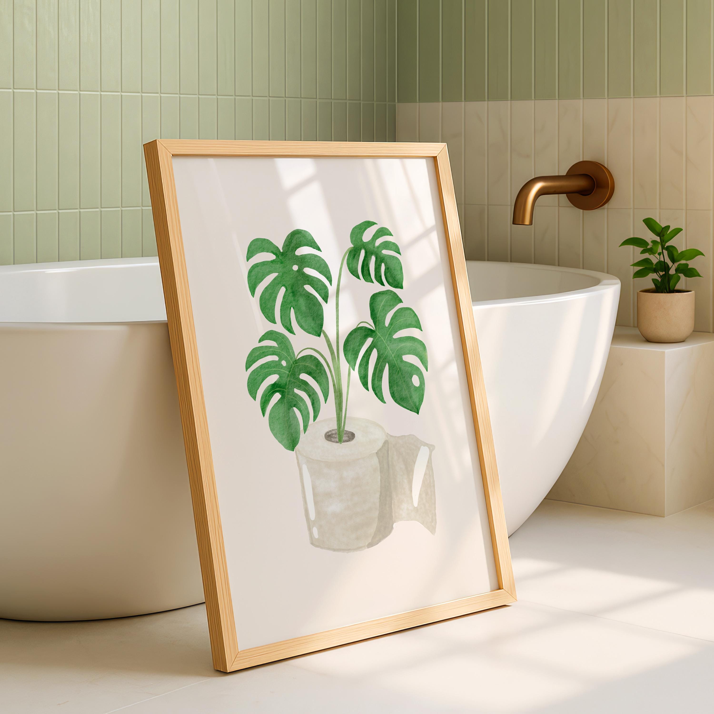 Boho Bathroom Wall Art, Monstera Plant Print, Green Botanical Toilet Decor, Minimalist Spa Bathroom Poster, Modern Bathroom Wall Decor