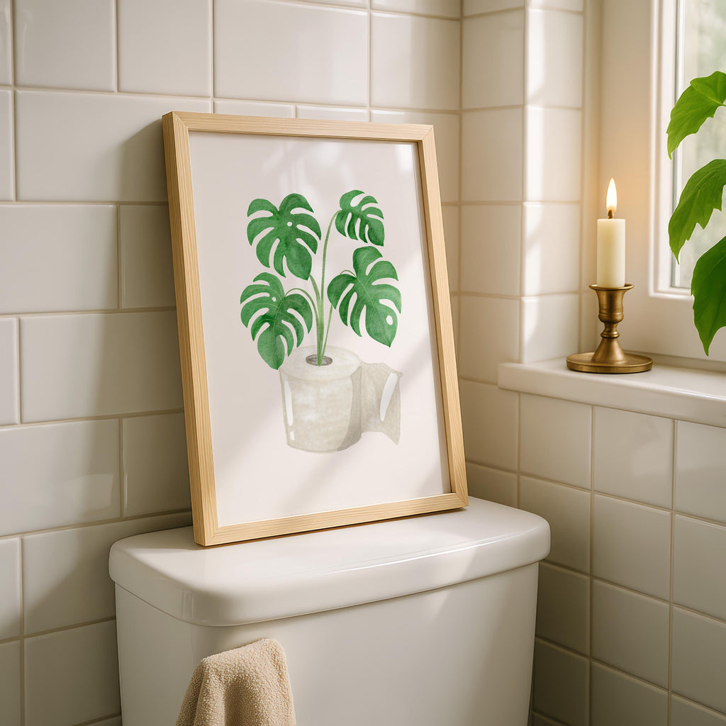 Boho Bathroom Wall Art, Monstera Plant Print, Green Botanical Toilet Decor, Minimalist Spa Bathroom Poster, Modern Bathroom Wall Decor